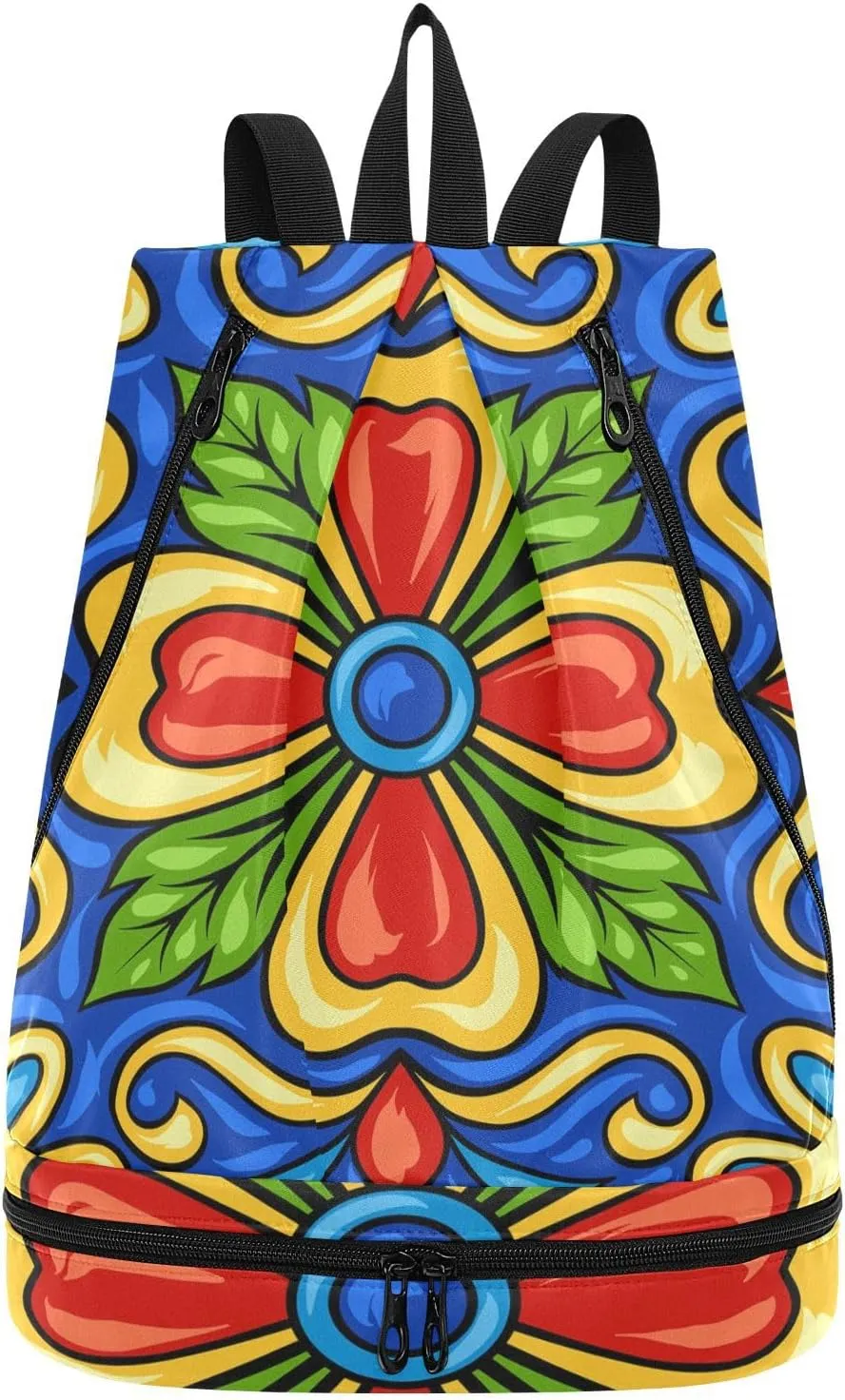 Gym Drawstring Bags Daypacks Backpack Purse Casual Knapsack Shoulder Bag Sitting Rucksack Swimming Equipment Bags Mexican Ceramic Tile Ethnic Folk Ornament Style