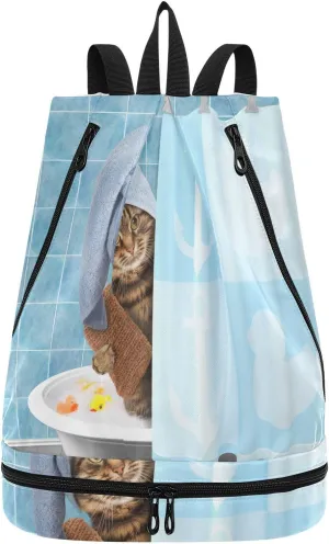 Gym Drawstring Bags Daypacks Backpack Purse Casual Knapsack Shoulder Bag Sitting Rucksack Swimming Equipment Bags Print Cat Taking a Bath In Bathtub Behind Shower Curtain