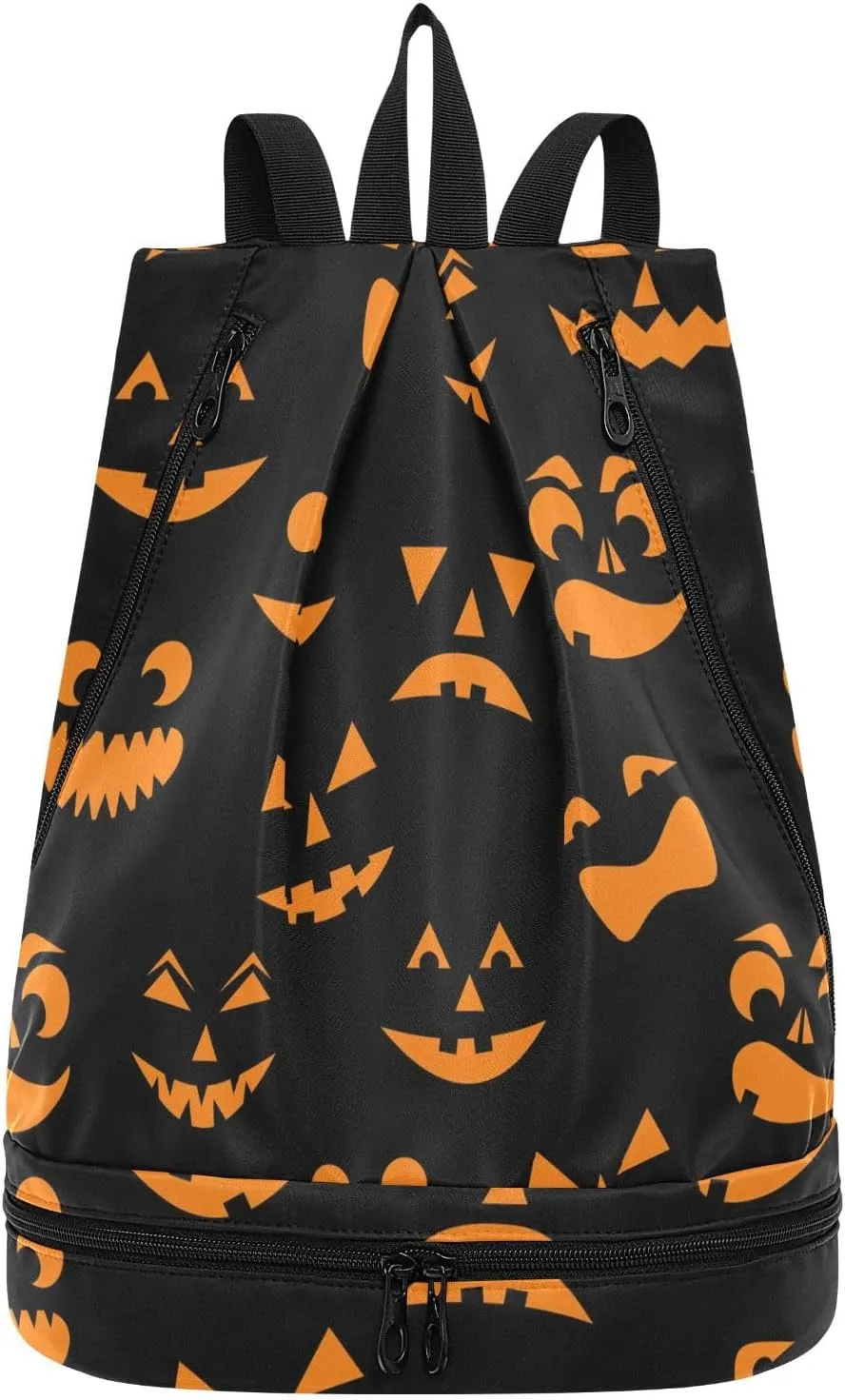Gym Drawstring Bags Daypacks Backpack Purse Casual Knapsack Shoulder Bag Sitting Rucksack Swimming Equipment Bags Print Halloween Orange Pumpkins Carved Faces On Black