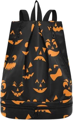 Gym Drawstring Bags Daypacks Backpack Purse Casual Knapsack Shoulder Bag Sitting Rucksack Swimming Equipment Bags Print Halloween Orange Pumpkins Carved Faces On Black