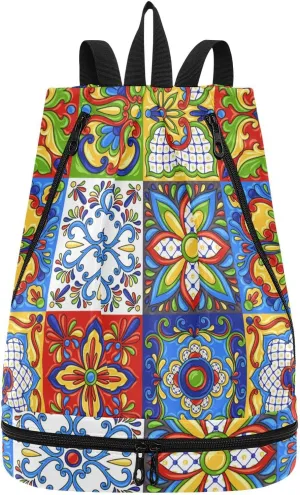 Gym Swimming Drawstring Bags Daypacks Backpack Purse Casual Knapsack Shoulder Bag Sitting Rucksack Mexican Talavera Ceramic Tile Ethnic Folk Ornament Italian Pottery