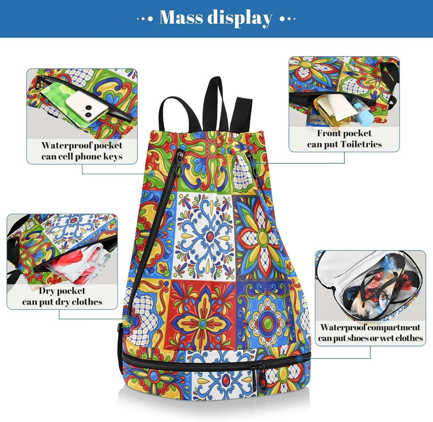 Gym Swimming Drawstring Bags Daypacks Backpack Purse Casual Knapsack Shoulder Bag Sitting Rucksack Mexican Talavera Ceramic Tile Ethnic Folk Ornament Italian Pottery