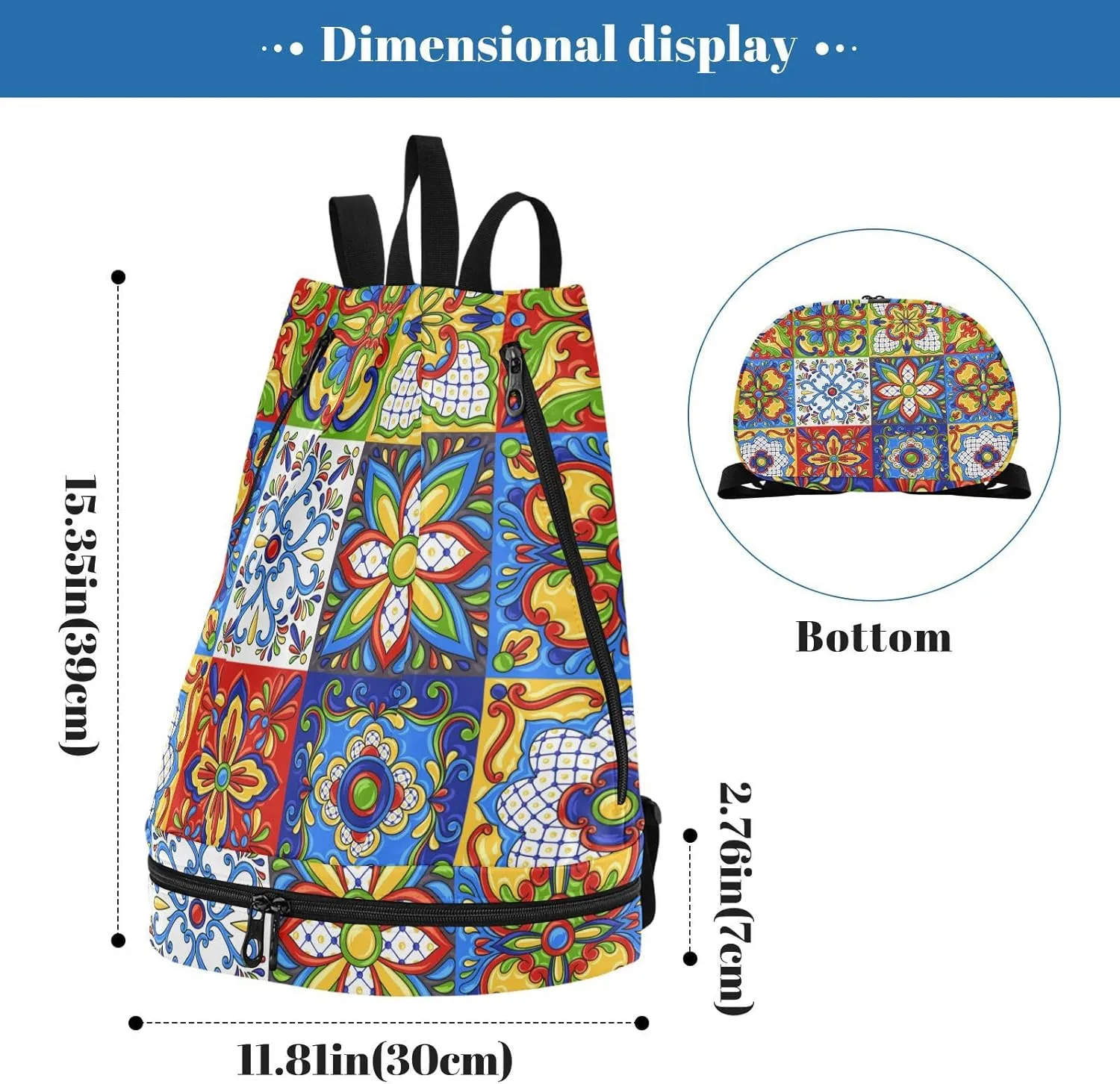 Gym Swimming Drawstring Bags Daypacks Backpack Purse Casual Knapsack Shoulder Bag Sitting Rucksack Mexican Talavera Ceramic Tile Ethnic Folk Ornament Italian Pottery