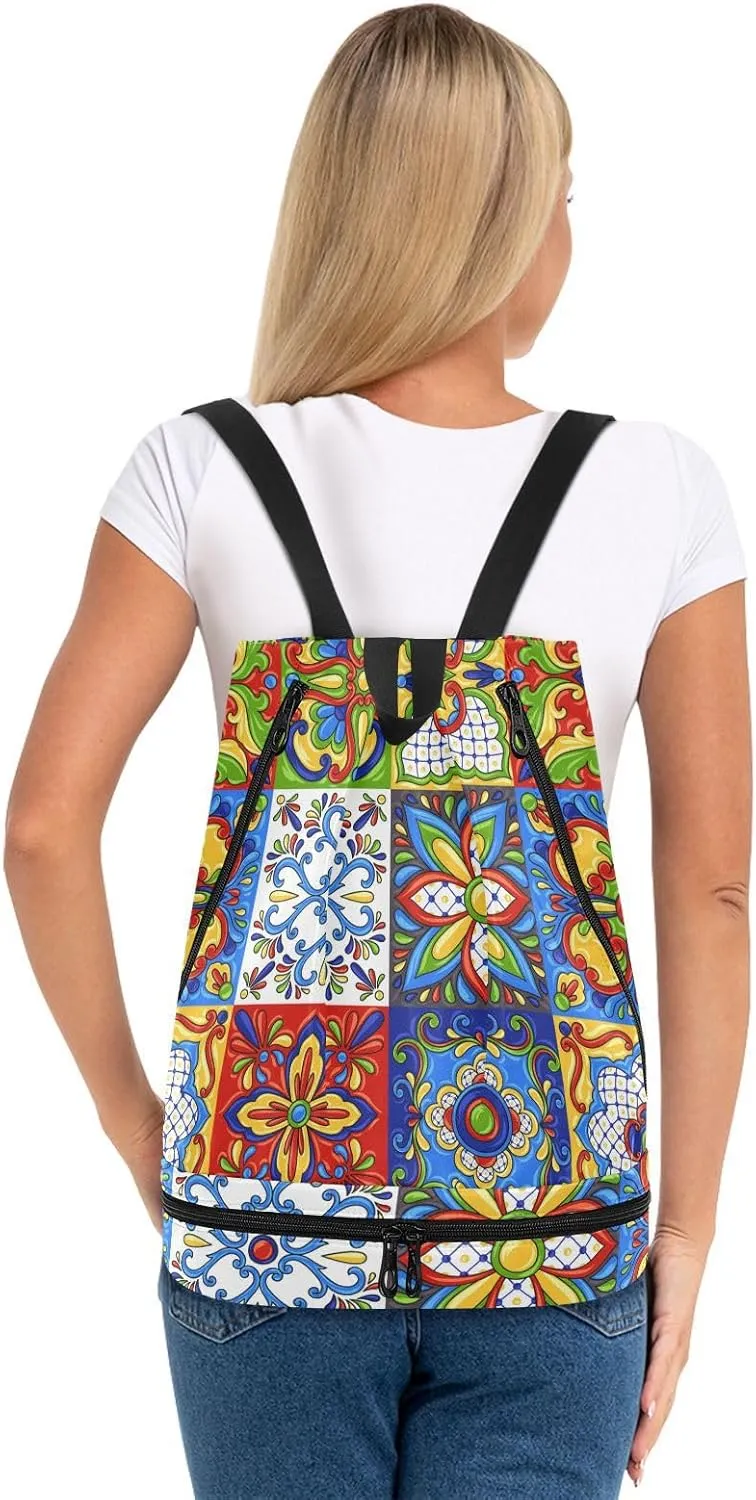 Gym Swimming Drawstring Bags Daypacks Backpack Purse Casual Knapsack Shoulder Bag Sitting Rucksack Mexican Talavera Ceramic Tile Ethnic Folk Ornament Italian Pottery