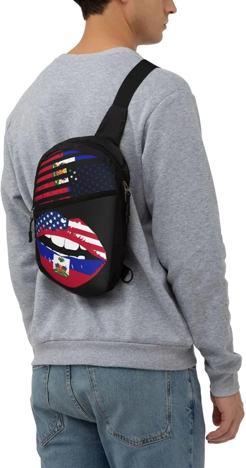 Haitian American Flag Haitian Roots Packable Crossbody Bag Portable Sling Bags Foldable Travel Daypack Reusable Sports Shoulder Backpack Diagonally Chest Bag for Workout