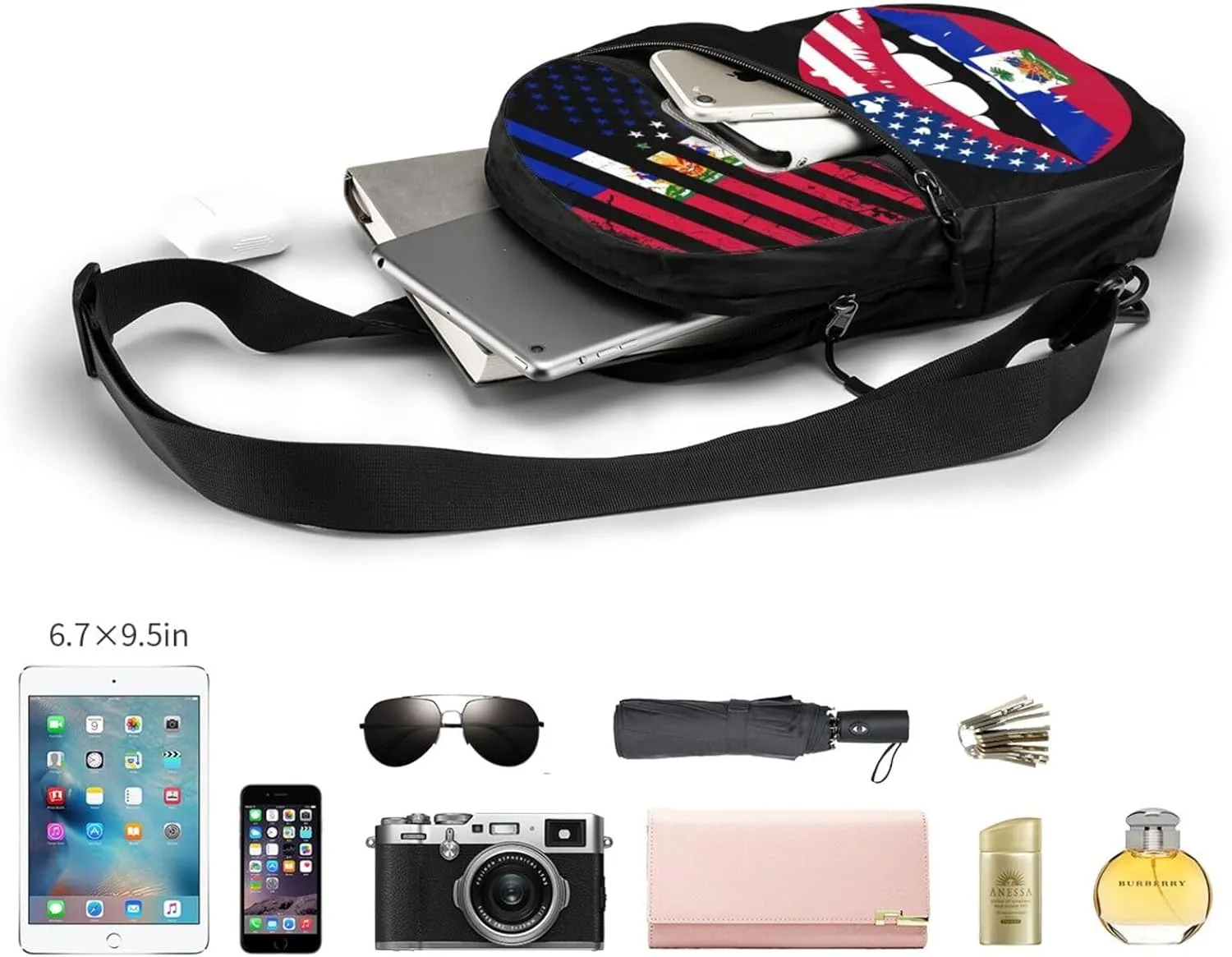 Haitian American Flag Haitian Roots Packable Crossbody Bag Portable Sling Bags Foldable Travel Daypack Reusable Sports Shoulder Backpack Diagonally Chest Bag for Workout