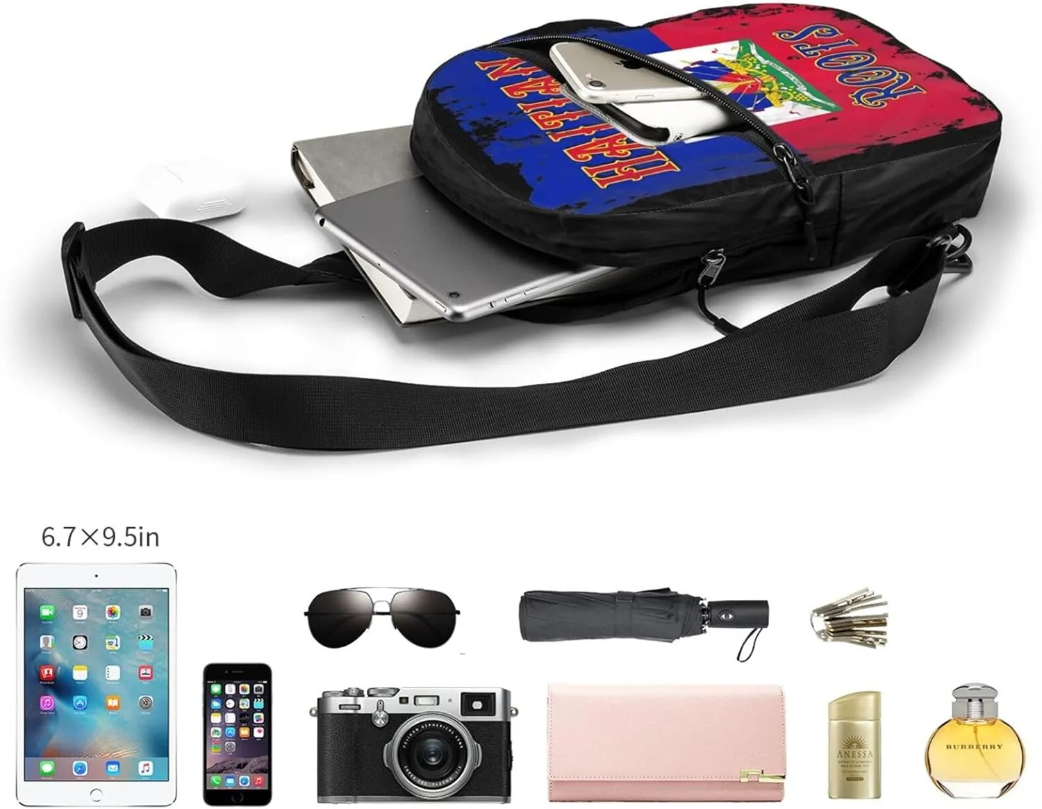 Haitian Roots Haiti Flag Packable Crossbody Bag Portable Sling Bags Foldable Travel Daypack Reusable Sports Shoulder Backpack Diagonally Chest Bag for Workout