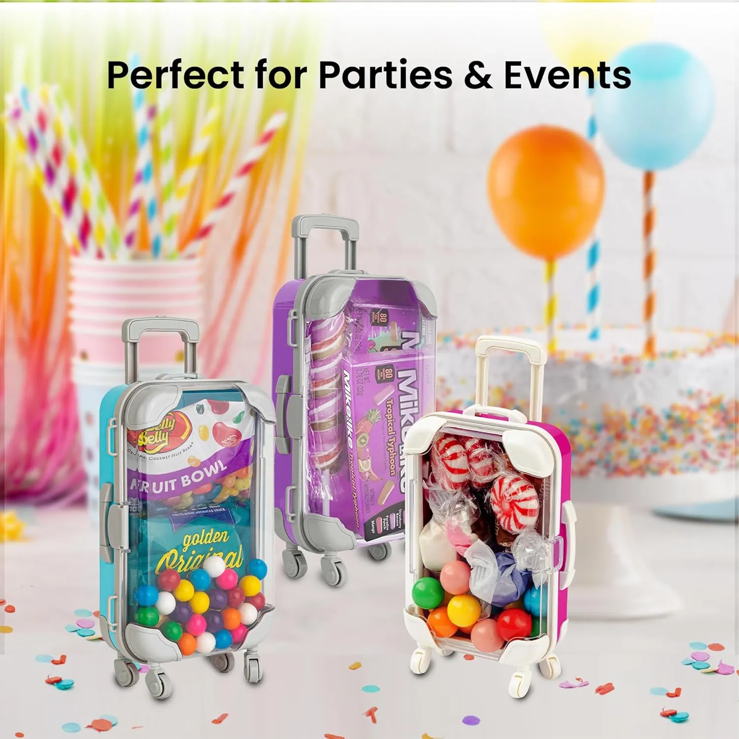 Hammont Mini Suitcase Party Favor Box - Plastic Rolling Mini Suitcases for Party Favors - Candy Box, Lash Box - Mini Luggage Party Favor | 2.95"x1.38"x6.7" (6 Pack)