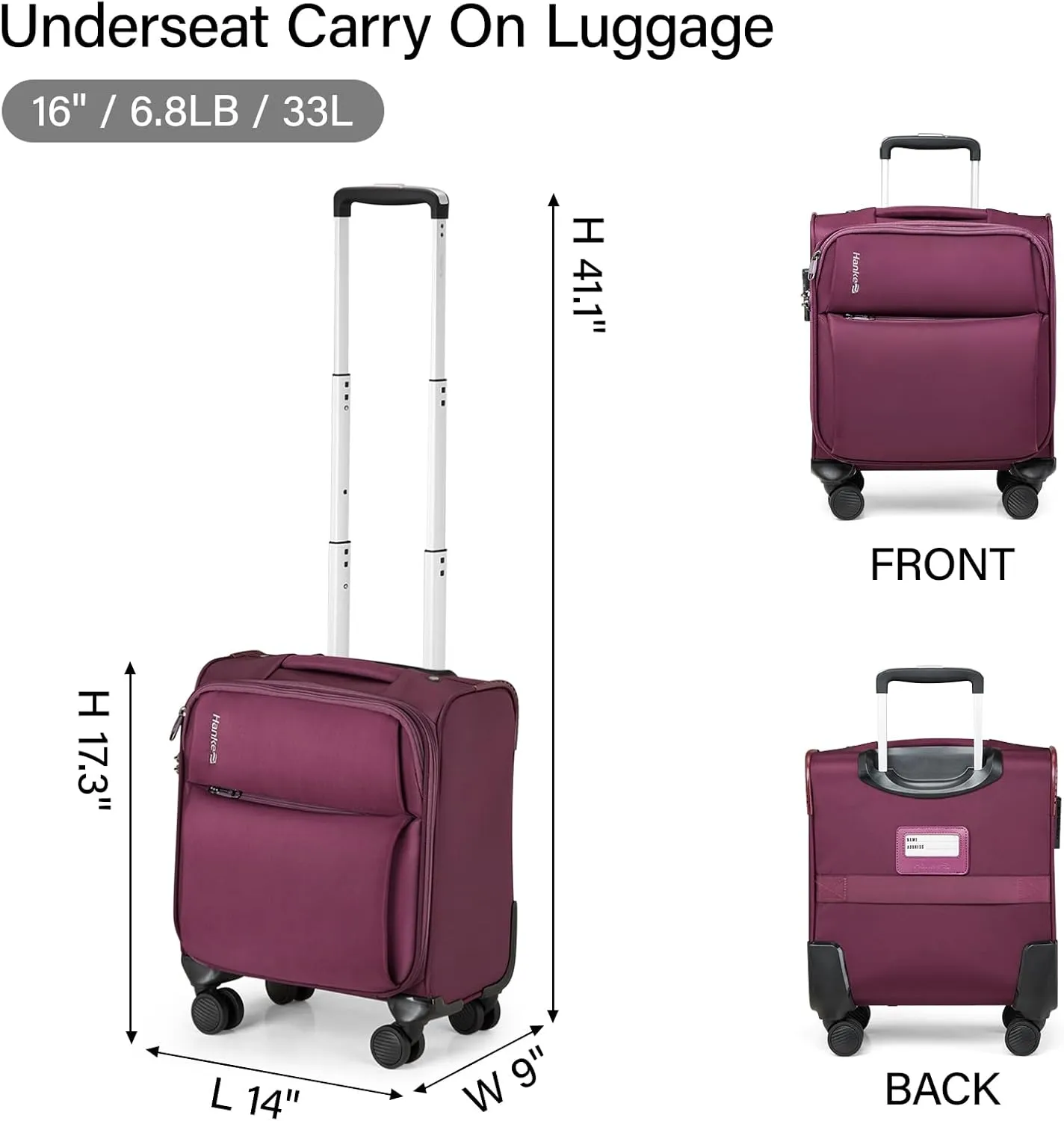 Hanke 16 Inch Underseat Carry On Luggage with Spinner Wheels for Airline, Small Softside TSA Approved Luggage Lightweight Rolling Suitcases Under Seat Travel Carry-On Bag(Purple)