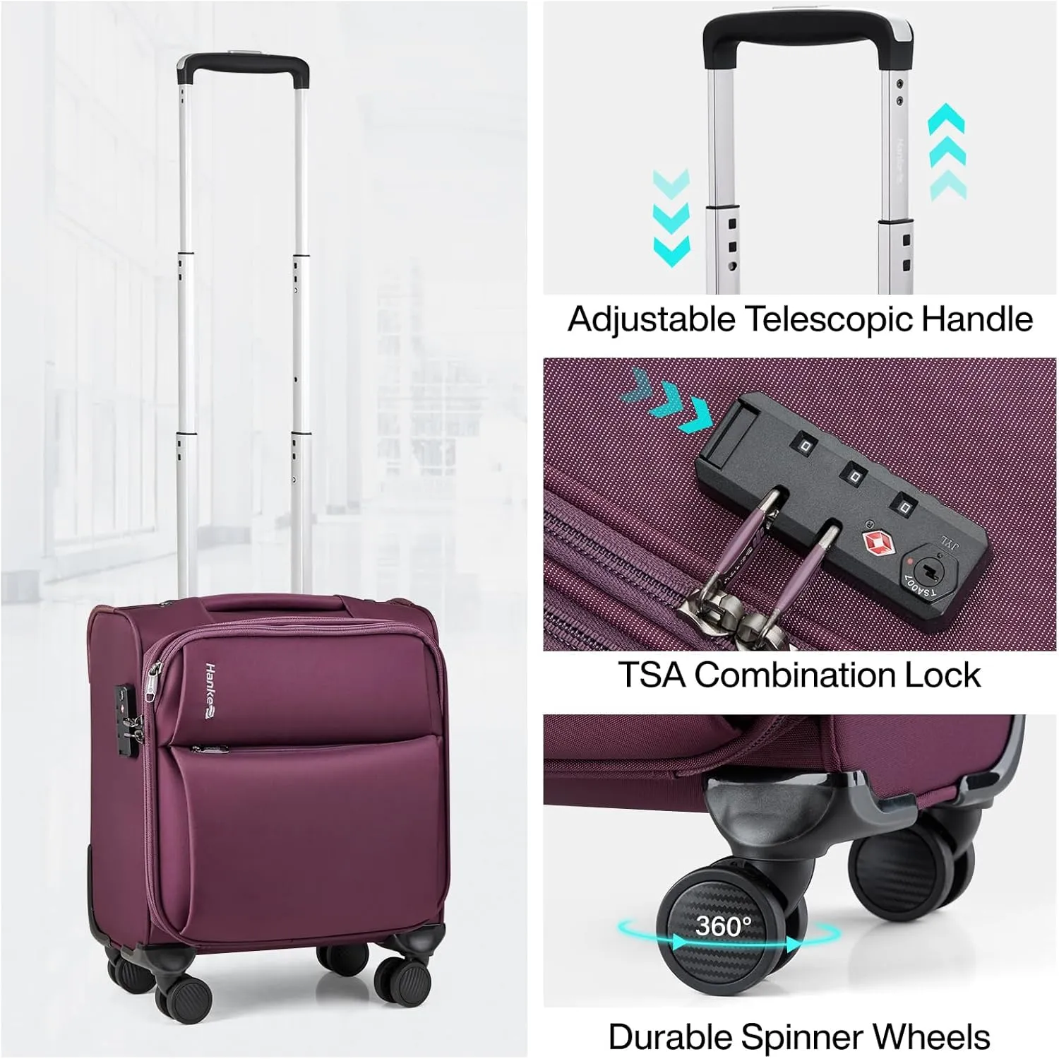Hanke 16 Inch Underseat Carry On Luggage with Spinner Wheels for Airline, Small Softside TSA Approved Luggage Lightweight Rolling Suitcases Under Seat Travel Carry-On Bag(Purple)