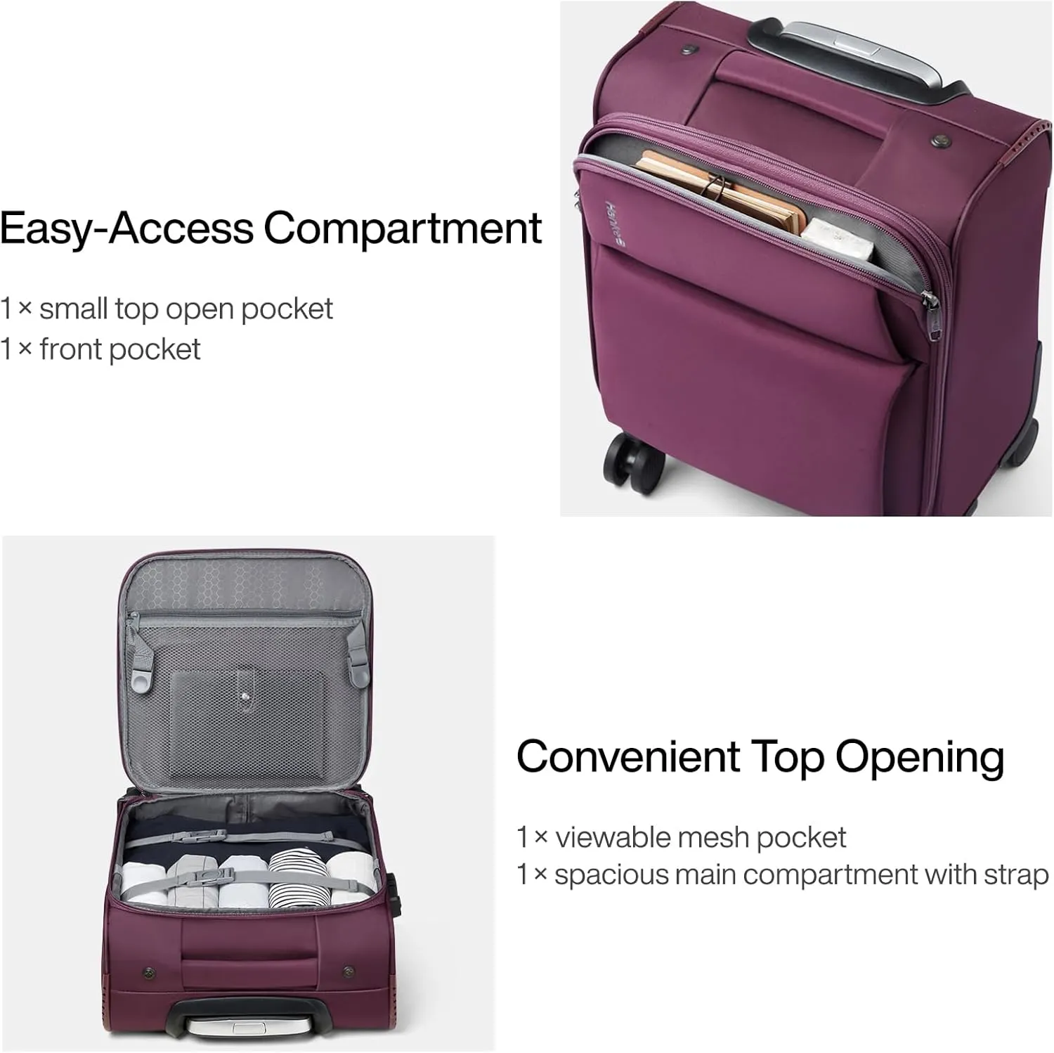 Hanke 16 Inch Underseat Carry On Luggage with Spinner Wheels for Airline, Small Softside TSA Approved Luggage Lightweight Rolling Suitcases Under Seat Travel Carry-On Bag(Purple)