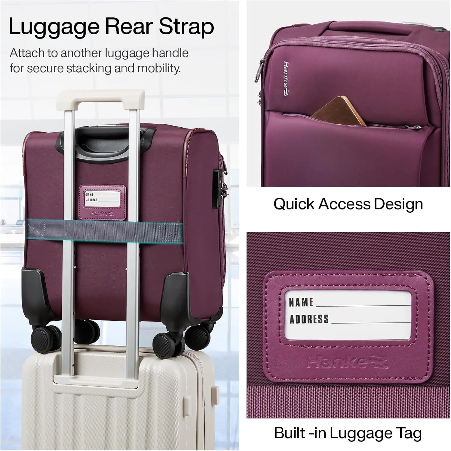 Hanke 16 Inch Underseat Carry On Luggage with Spinner Wheels for Airline, Small Softside TSA Approved Luggage Lightweight Rolling Suitcases Under Seat Travel Carry-On Bag(Purple)