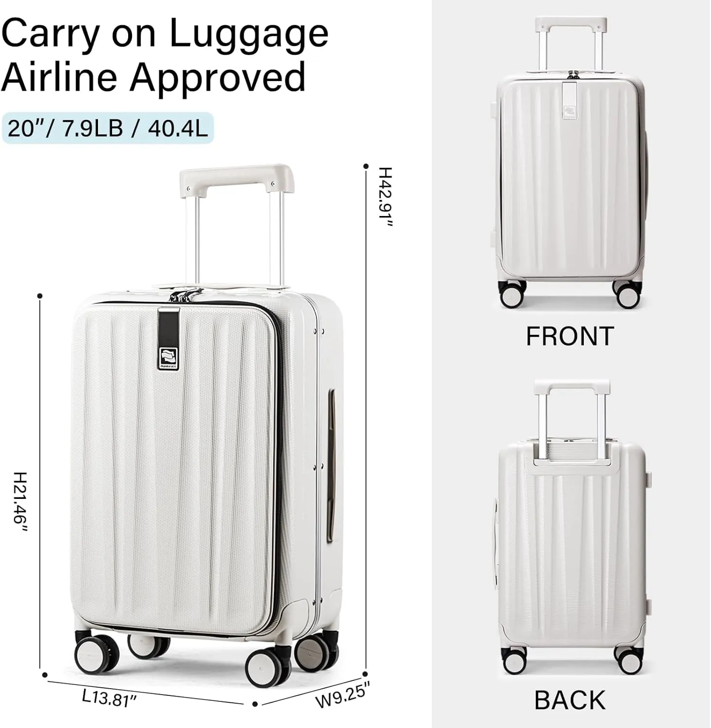 Hanke 20 Inch Carry On Luggage Hard Shell Suitcases with Wheels Luggage Suitcase Travel Luggage for Women Men Rolling Luggage Bags for Business Trip Weekender-Ivory white