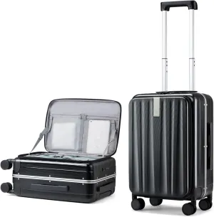 Hanke 20 Inch Carry-On Luggage PC Hard Shell Suitcases for Travel Front Opening Aluminum Frame Travel Luggage Rolling Suitcase with Wheels for Women Man Gifts.(Jet Black)