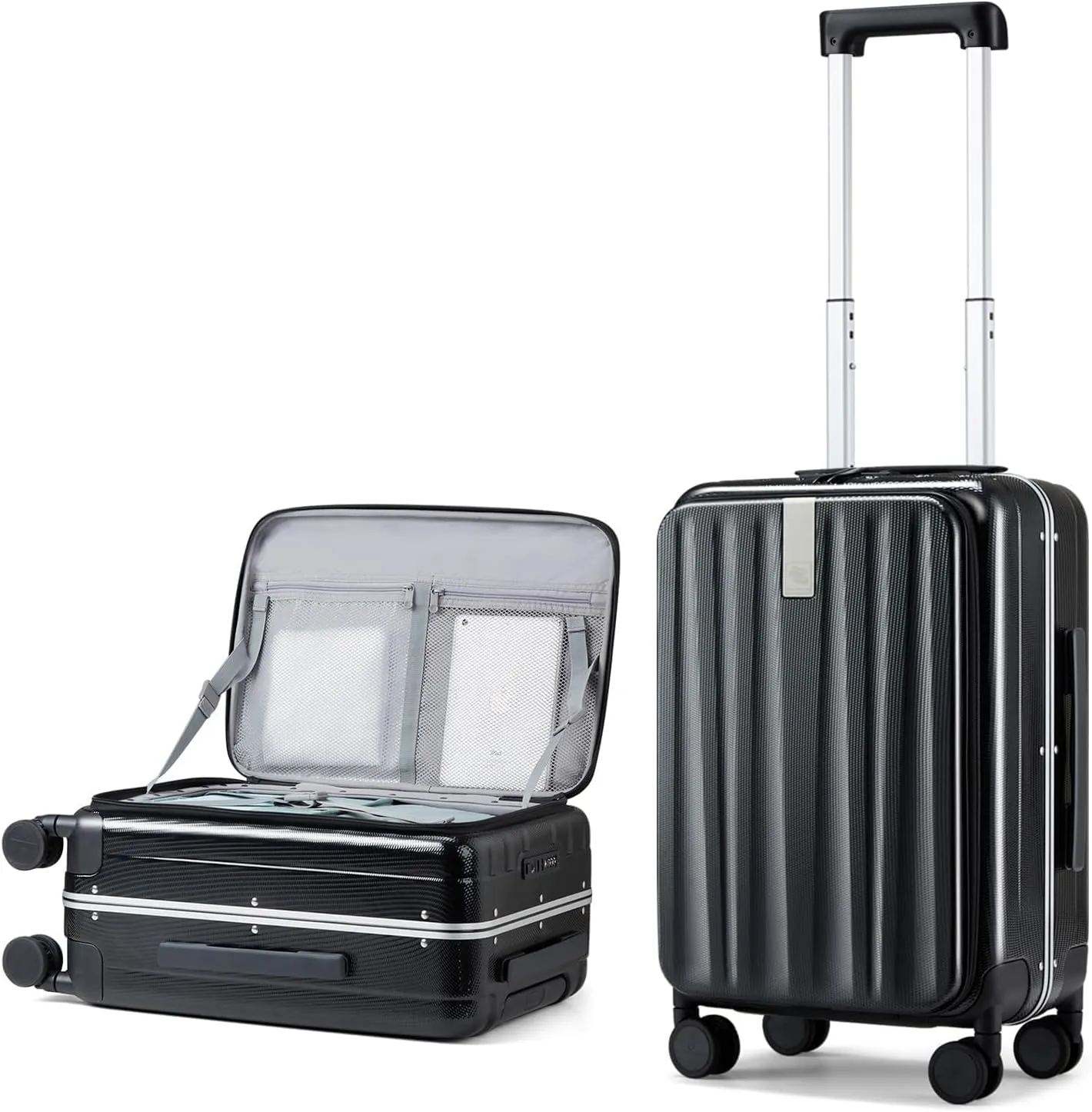 Hanke 20 Inch Carry-On Luggage PC Hard Shell Suitcases for Travel Front Opening Aluminum Frame Travel Luggage Rolling Suitcase with Wheels for Women Man Gifts.(Jet Black)