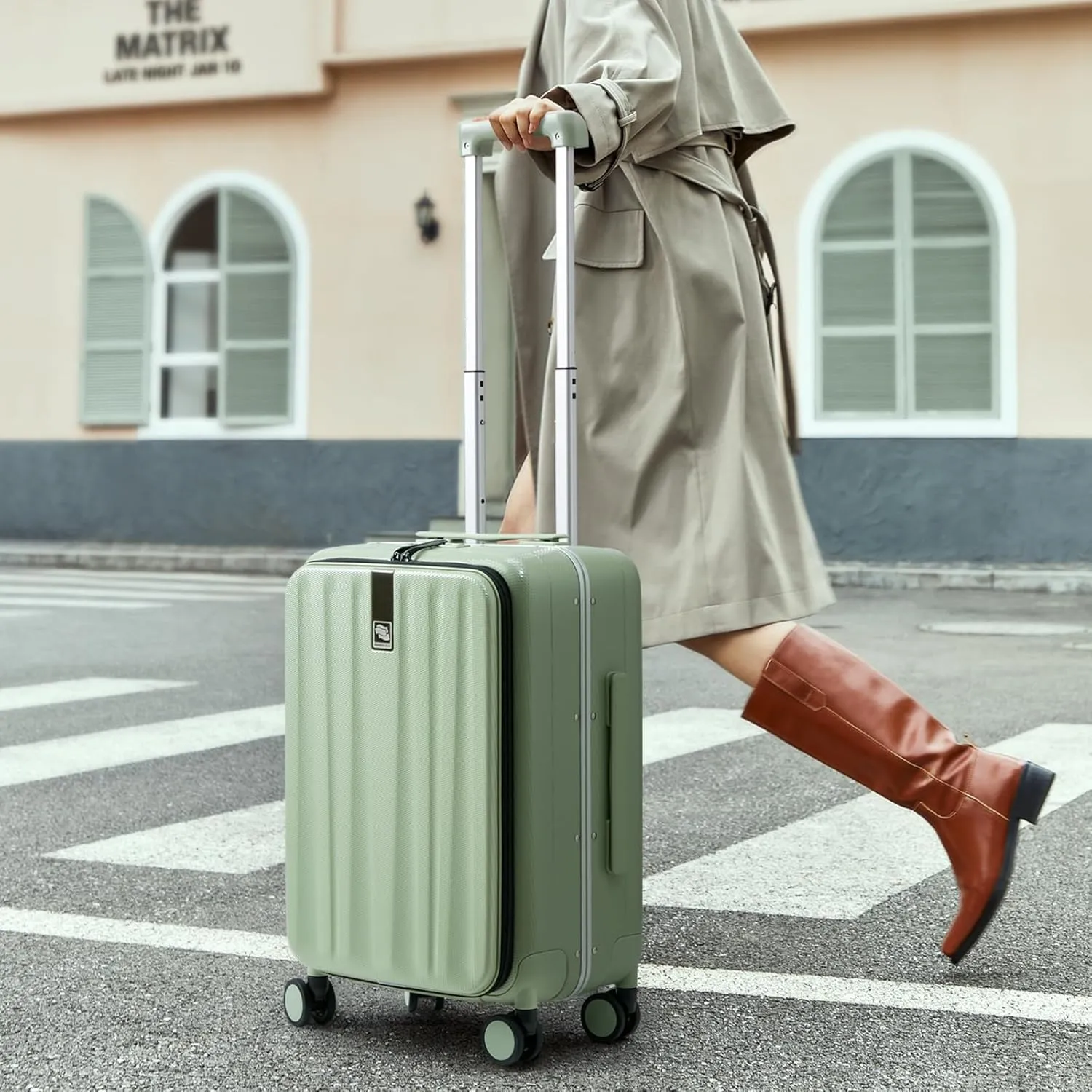 Hanke 20 Inch Carry-On Luggage with Wheels PC Hard Shell Suitcases Top Opening Aluminum Frame Travel Luggage Suitcases for Woman Men.(Bamboo Green)