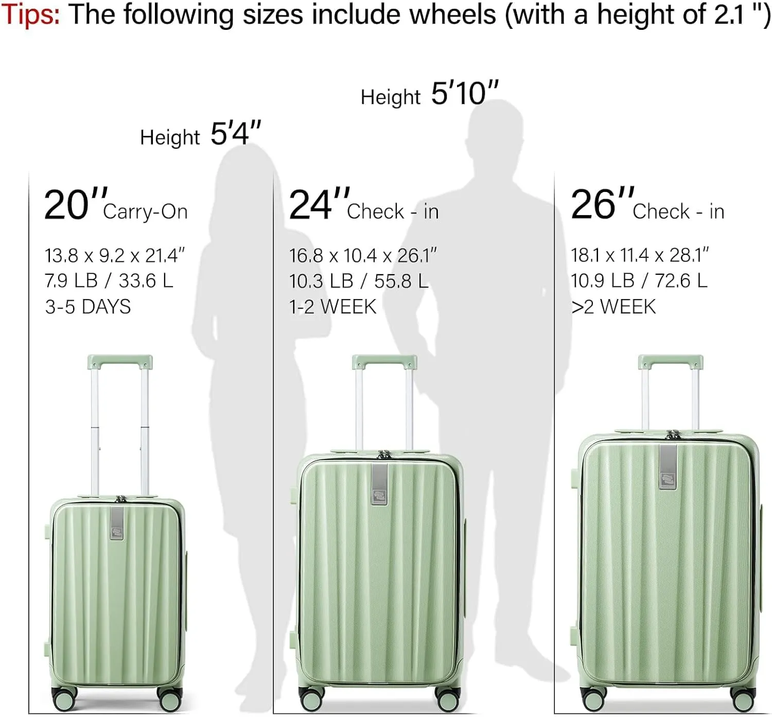 Hanke 20 Inch Carry-On Luggage with Wheels PC Hard Shell Suitcases Top Opening Aluminum Frame Travel Luggage Suitcases for Woman Men.(Bamboo Green)