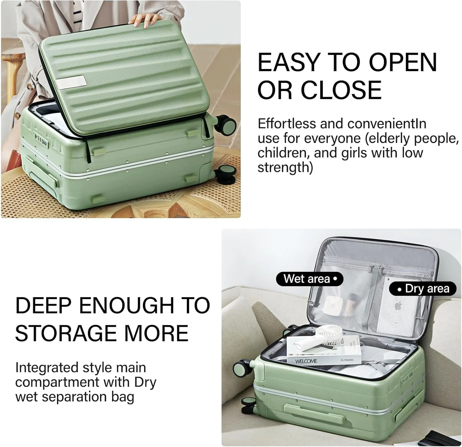 Hanke 20 Inch Carry-On Luggage with Wheels PC Hard Shell Suitcases Top Opening Aluminum Frame Travel Luggage Suitcases for Woman Men.(Bamboo Green)