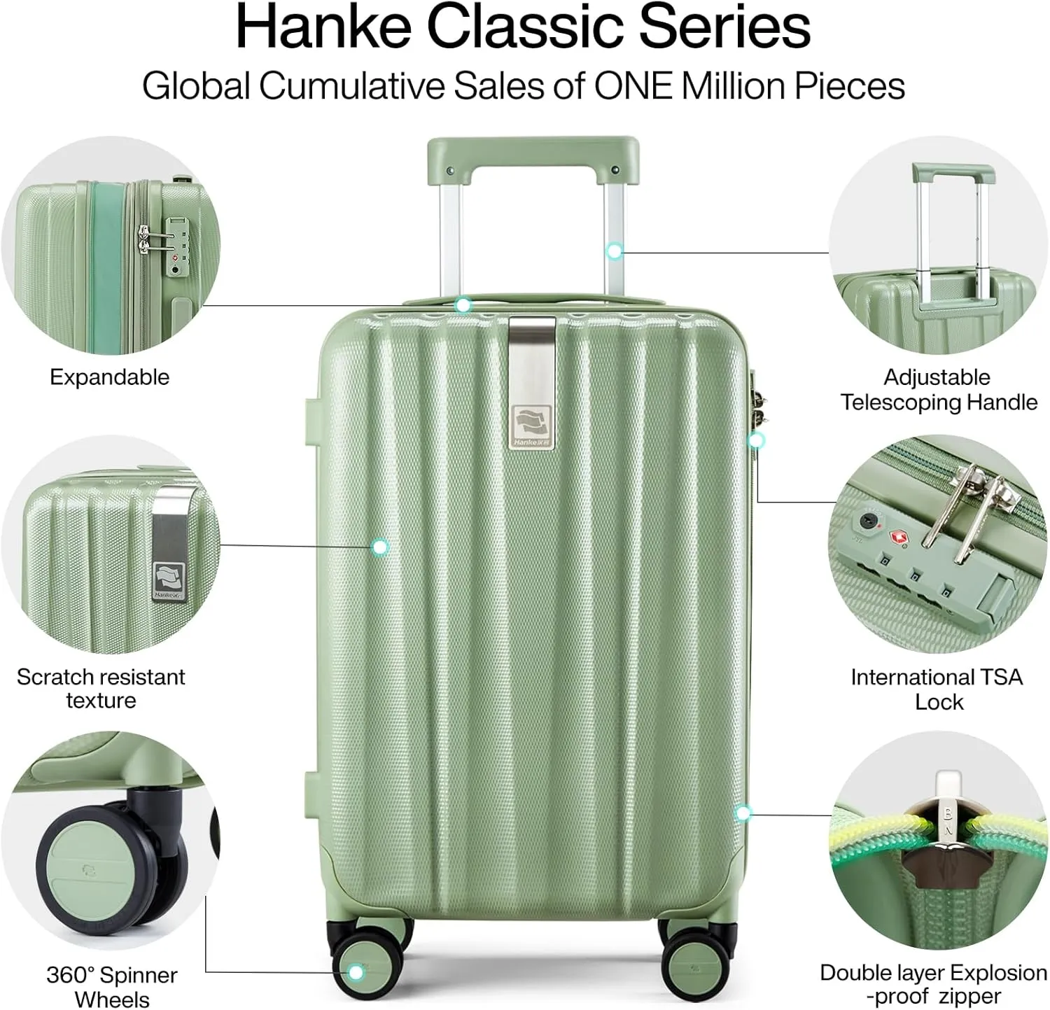Hanke 20 Inch Expandable Carry on Luggage 22x14x9 Airline Approved Lightweight PC Hard Shell Suitcases with Wheels Travel Luggage Rolling Suitcase Travel Luggage Bag for Weekender(Bamboo Green)