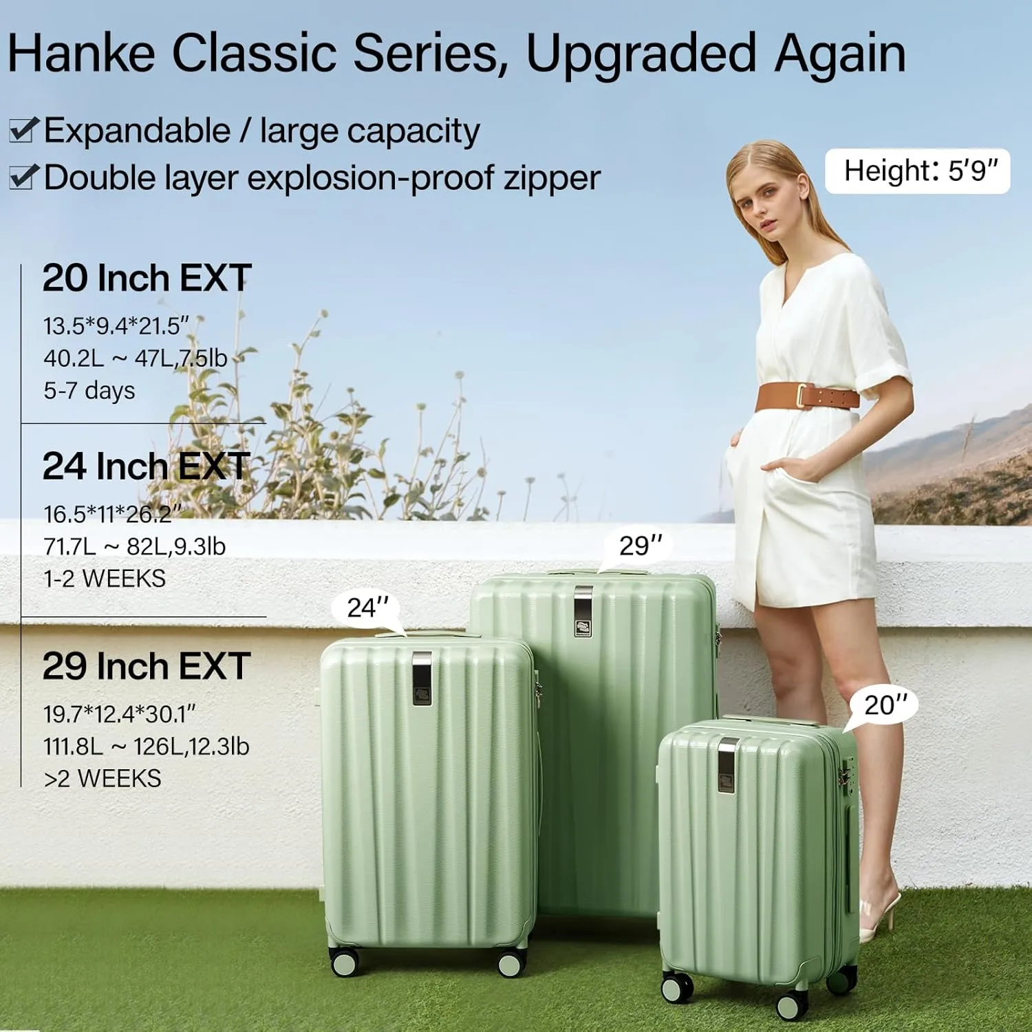 Hanke 20 Inch Expandable Carry on Luggage 22x14x9 Airline Approved Lightweight PC Hard Shell Suitcases with Wheels Travel Luggage Rolling Suitcase Travel Luggage Bag for Weekender(Bamboo Green)