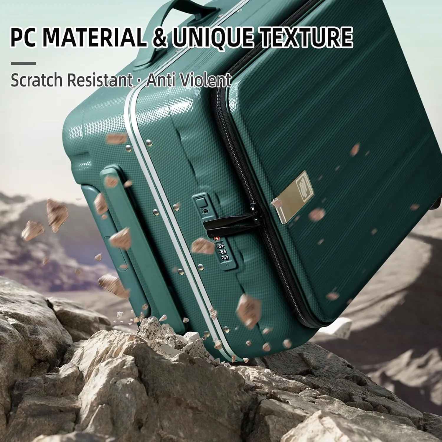 Hanke 24 Inch Checked Luggage Front Opening Rolling Suitcase Aluminum Frame PC hard sided luggage with spinner wheels for Travel Woman Men.(Dark Green)
