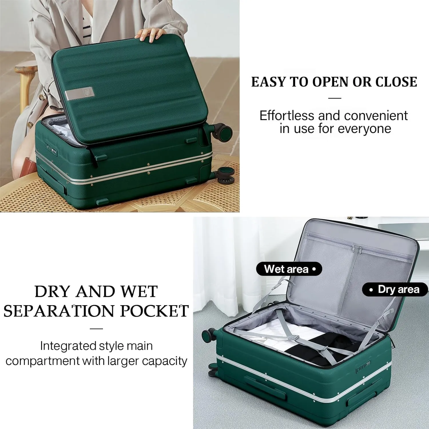 Hanke 24 Inch Checked Luggage Front Opening Rolling Suitcase Aluminum Frame PC hard sided luggage with spinner wheels for Travel Woman Men.(Dark Green)