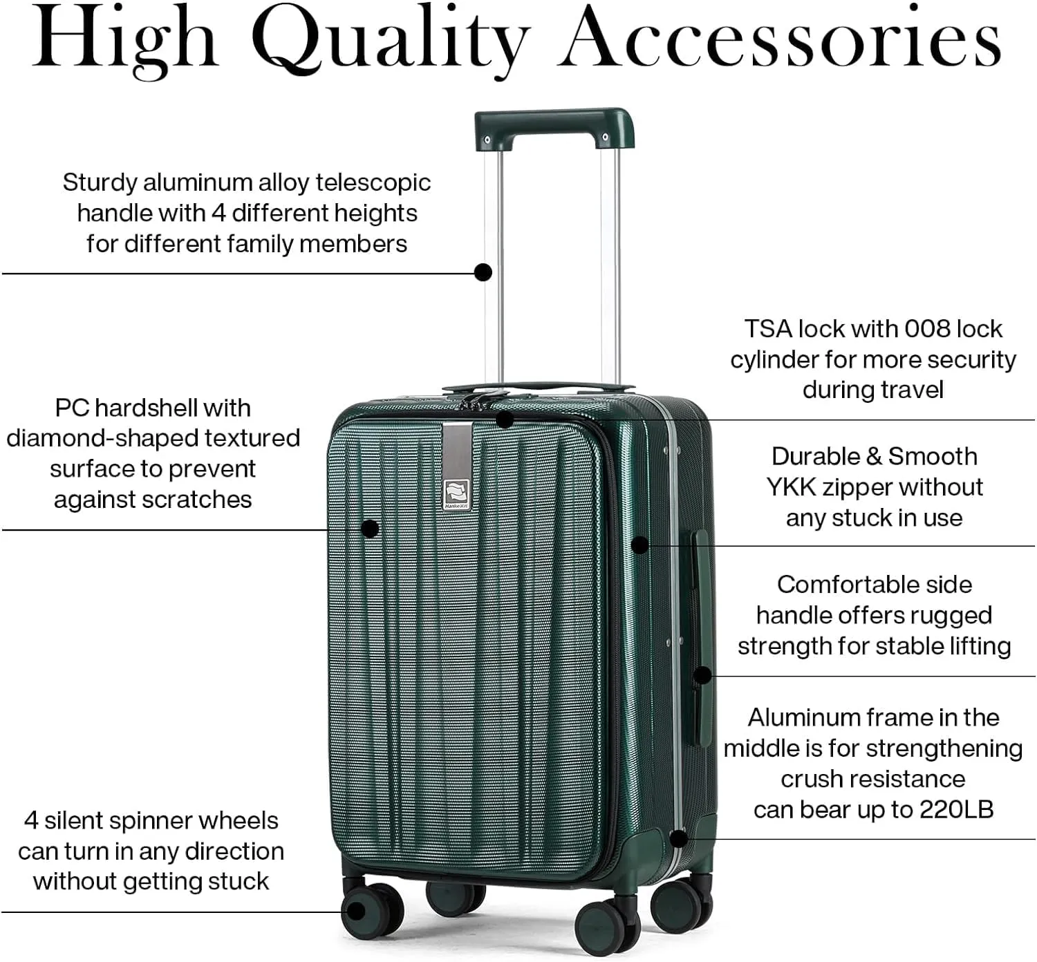 Hanke 24 Inch Checked Luggage Front Opening Rolling Suitcase Aluminum Frame PC hard sided luggage with spinner wheels for Travel Woman Men.(Dark Green)