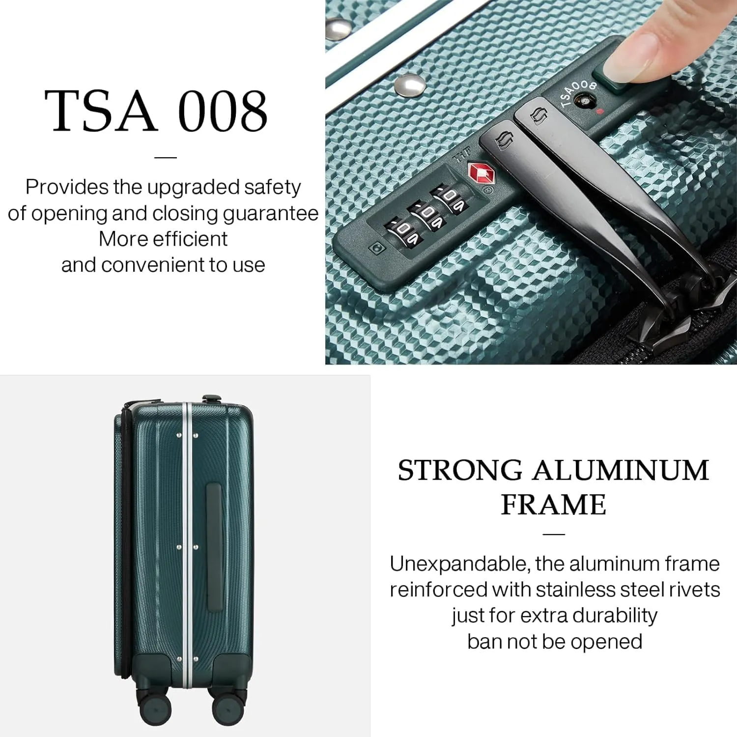 Hanke 24 Inch Checked Luggage Front Opening Rolling Suitcase Aluminum Frame PC hard sided luggage with spinner wheels for Travel Woman Men.(Dark Green)