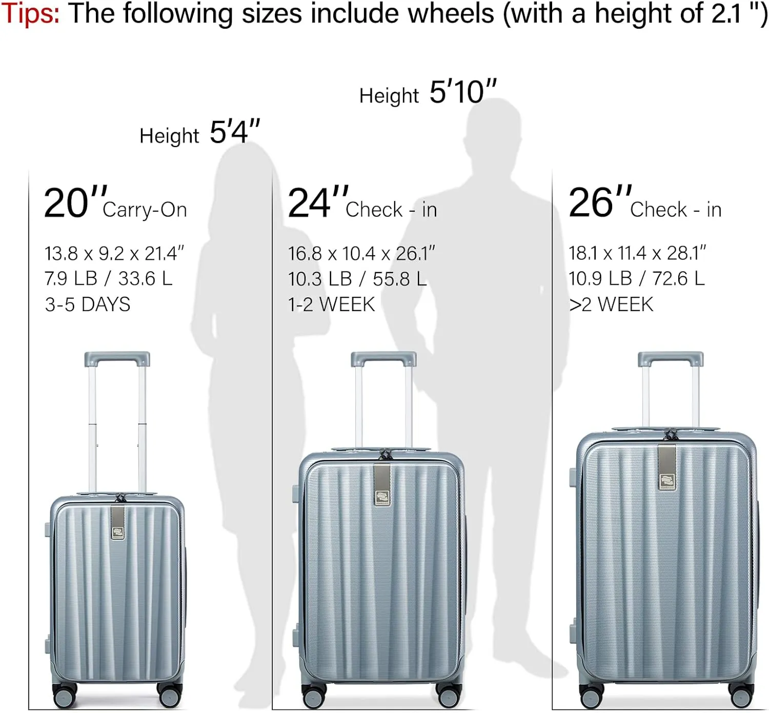Hanke 24 Inch Checked Luggage Front Opening Rolling Suitcase Hard Sided Luggage with Spinner Wheels for Travel Woman Men.(Grey)