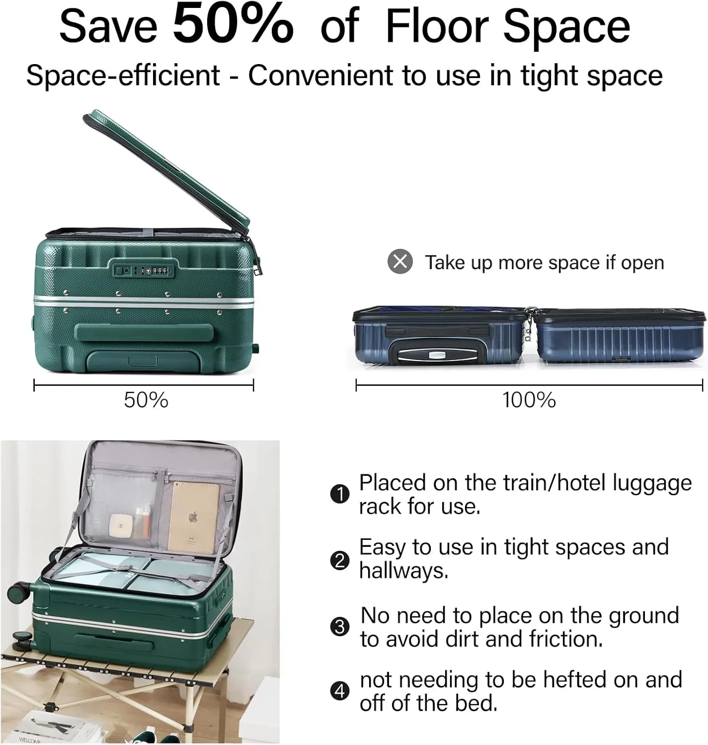 Hanke 24 Inch Checked Luggage Front Opening Rolling Suitcase Hard Sided Luggage with Spinner Wheels Travel Luggagefor Woman Men.(Dark Green)