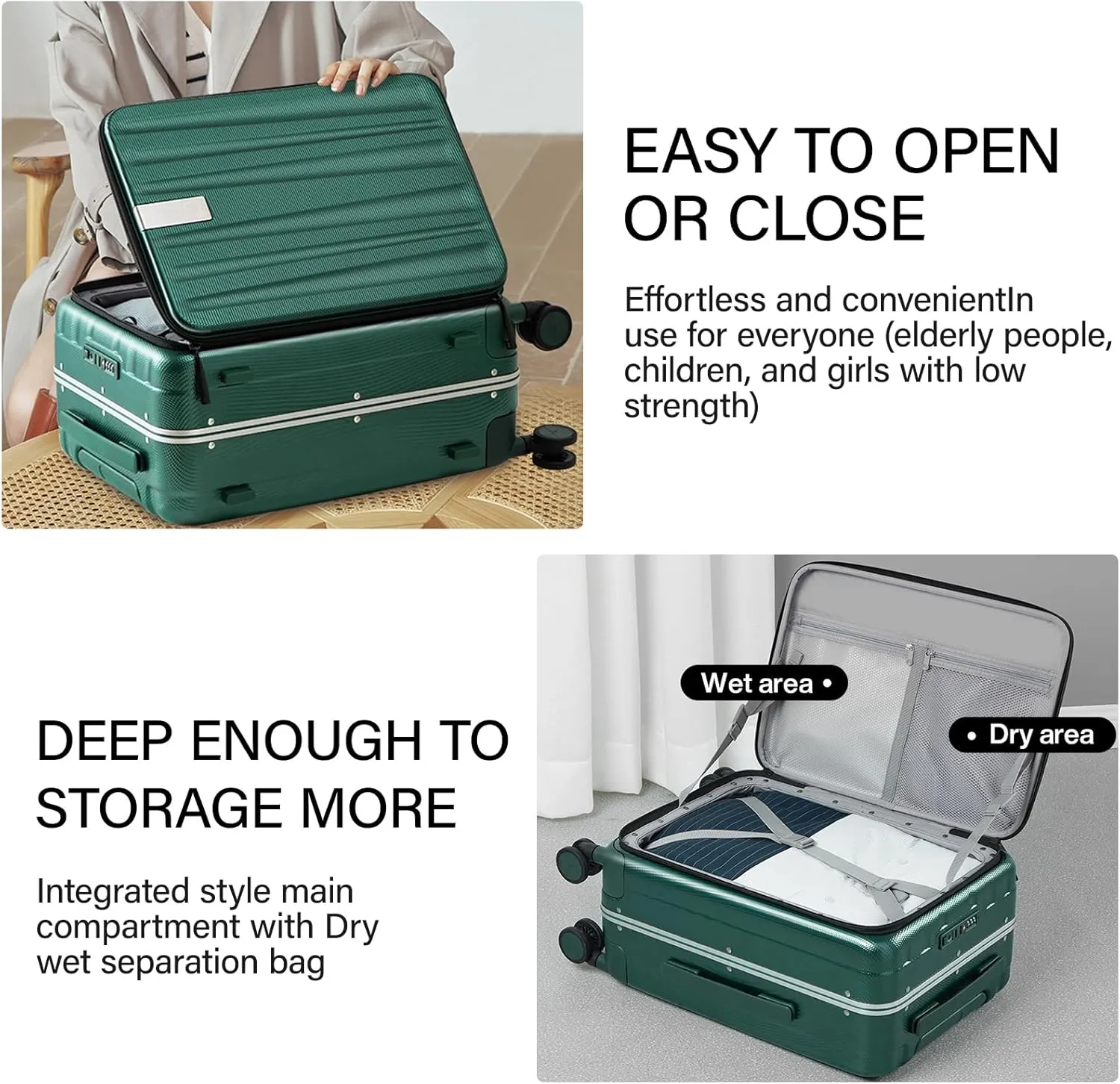 Hanke 24 Inch Checked Luggage Front Opening Rolling Suitcase Hard Sided Luggage with Spinner Wheels Travel Luggagefor Woman Men.(Dark Green)