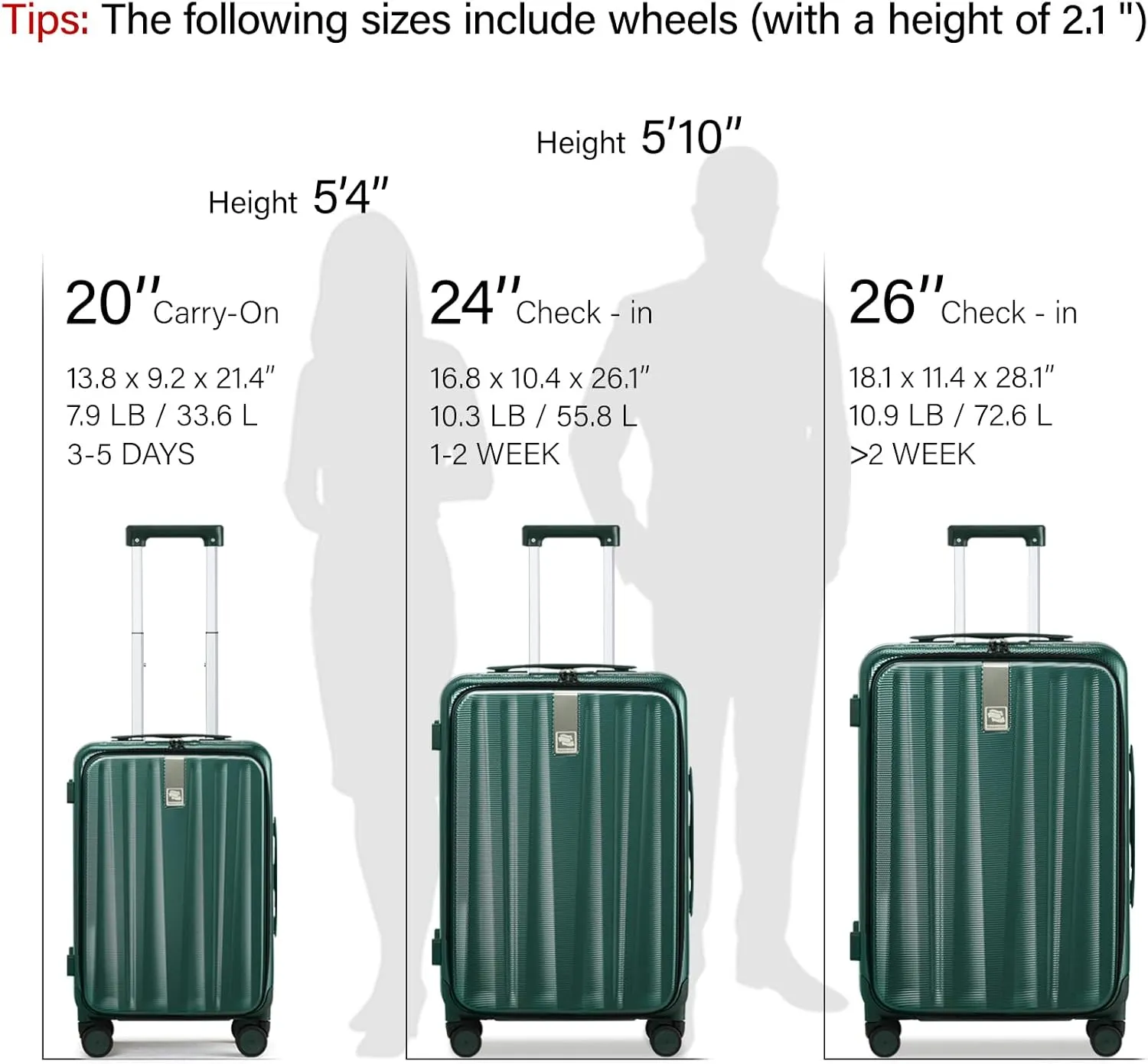 Hanke 24 Inch Checked Luggage Front Opening Rolling Suitcase Hard Sided Luggage with Spinner Wheels Travel Luggagefor Woman Men.(Dark Green)