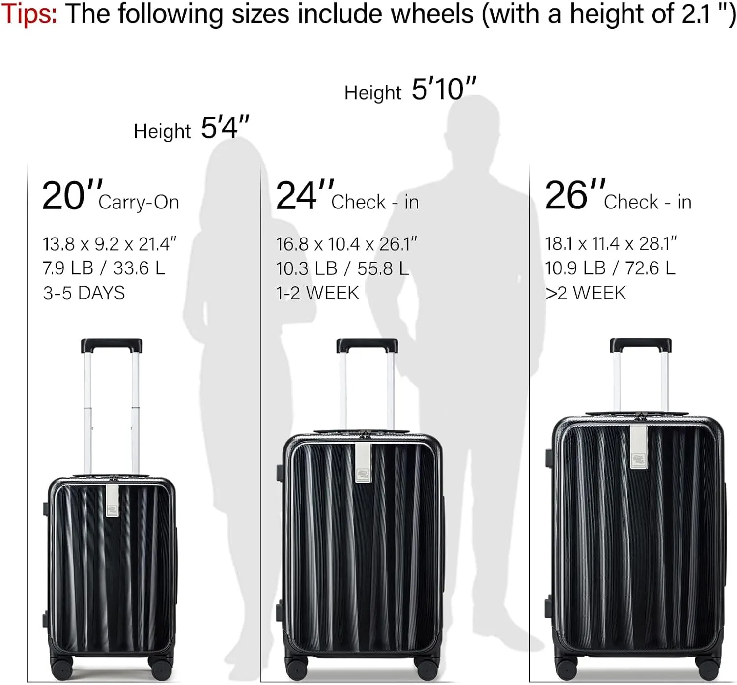 Hanke 24 Inch Checked Luggage PC Hard Shell Suitcases for Travel Front Opening Aluminum Frame Travel Luggage Rolling Suitcase with Wheels.(Jet Black)