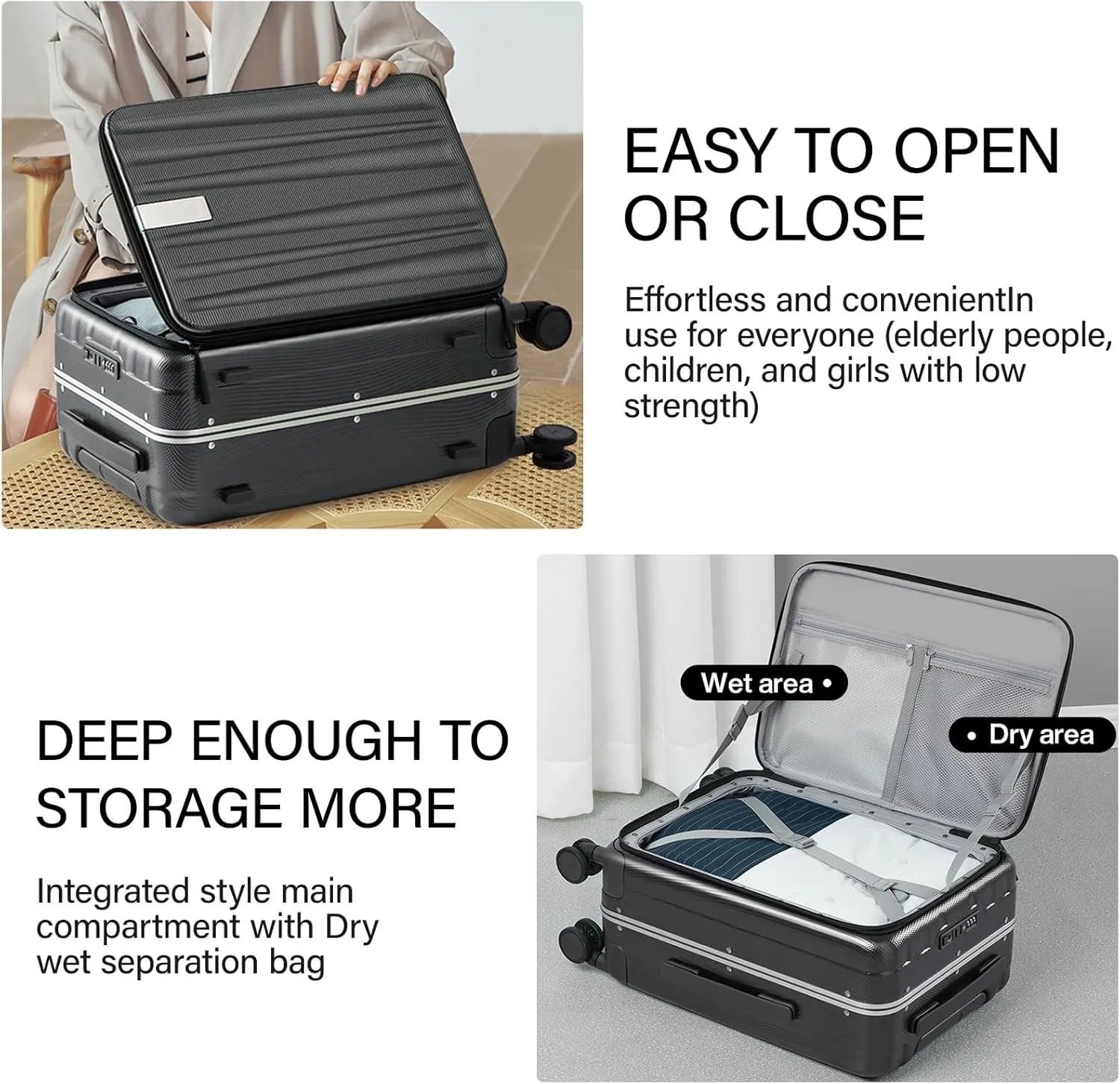 Hanke 24 Inch Checked Luggage PC Hard Shell Suitcases for Travel Front Opening Aluminum Frame Travel Luggage Rolling Suitcase with Wheels.(Jet Black)