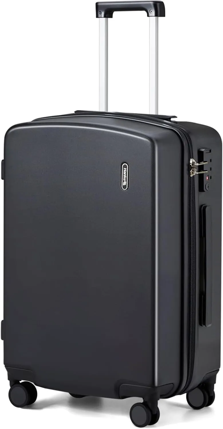 Hanke 24 Inch Checked Luggage with Wheels Lightweight PC Hard Shell Suitcases TSA Luggage Medium Size Travel Luggage Checked Bag Rolling Suitcase for Mens Women(Jet Black)