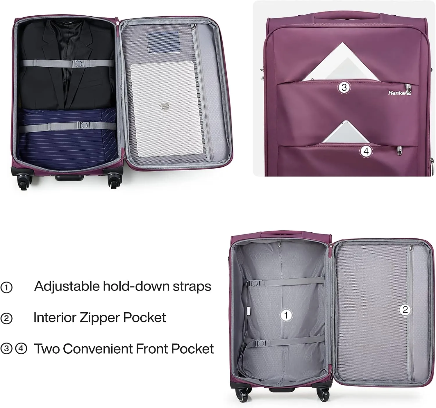 Hanke 24 Inch Expandable Luggage Large Suitcases with Wheels Softside Checked Luggage Rolling Suitcase with Lock Lightweight Travel Luggage for Men and Women 24 Inch Luggage.(Purple)