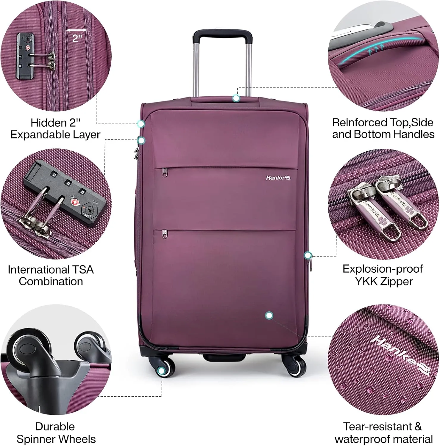 Hanke 24 Inch Expandable Luggage Large Suitcases with Wheels Softside Checked Luggage Rolling Suitcase with Lock Lightweight Travel Luggage for Men and Women 24 Inch Luggage.(Purple)