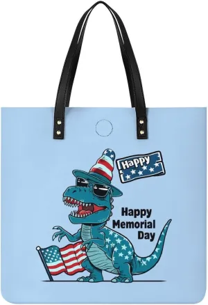 Happy Memorial Day 4th Of July Dinosaur American Flag Tote Bag for Women PU Leather Purses Handbags Shoulder Bag for Top Handle