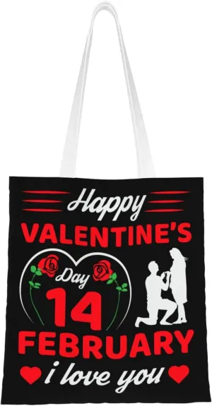 Happy Valentine's Day 14 February I Love You Tote Bag for Women Canvas Shopping Bags Reusable Large Capacity Casual Shoulder Handbags Grocery Bags