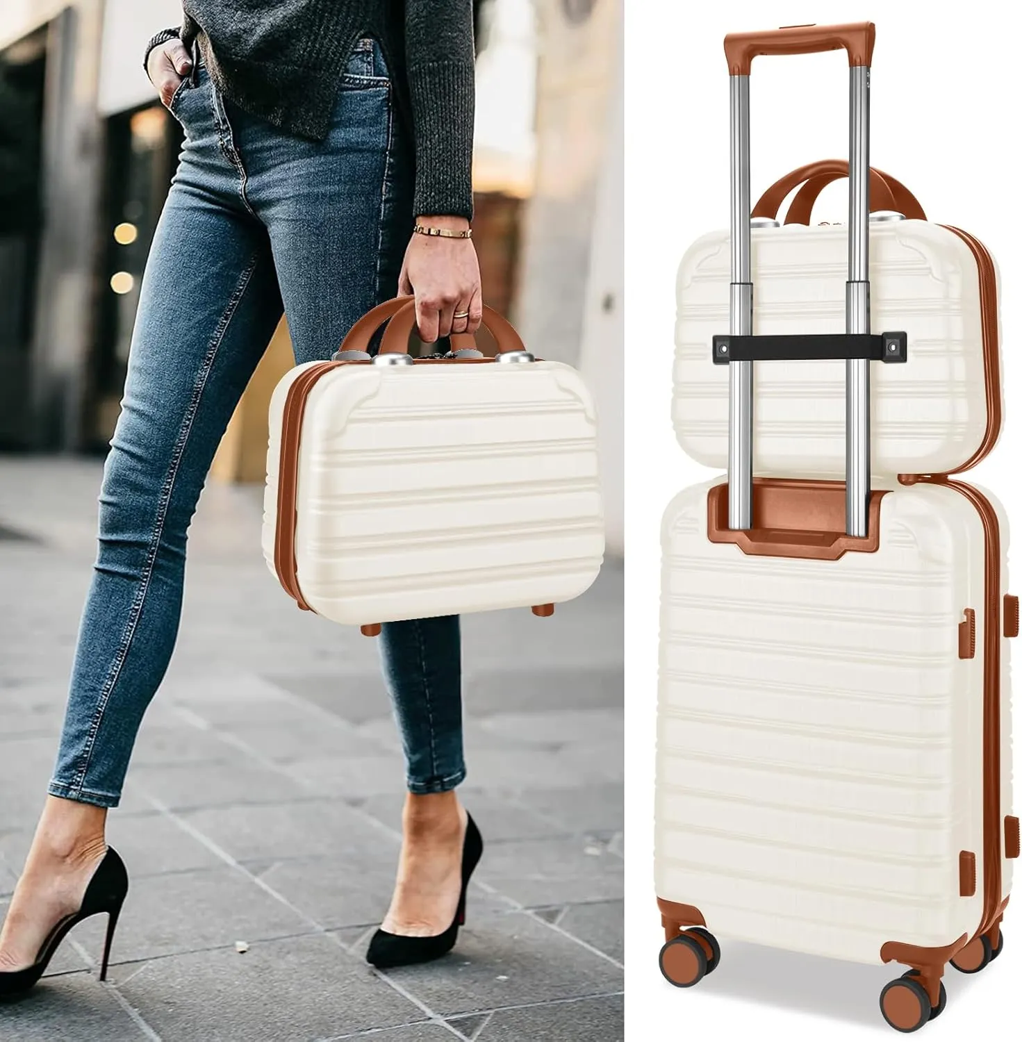 Hard Case Luggage 2 Piece Sets Carry On Luggage Lightweight With Spinner Wheels Rolling Suitcase 22x14x9 Airline Approved PC ABS TSA Lock Hardshell Travel Carry On Hardside 14/20 Inch 2PCS,Beige
