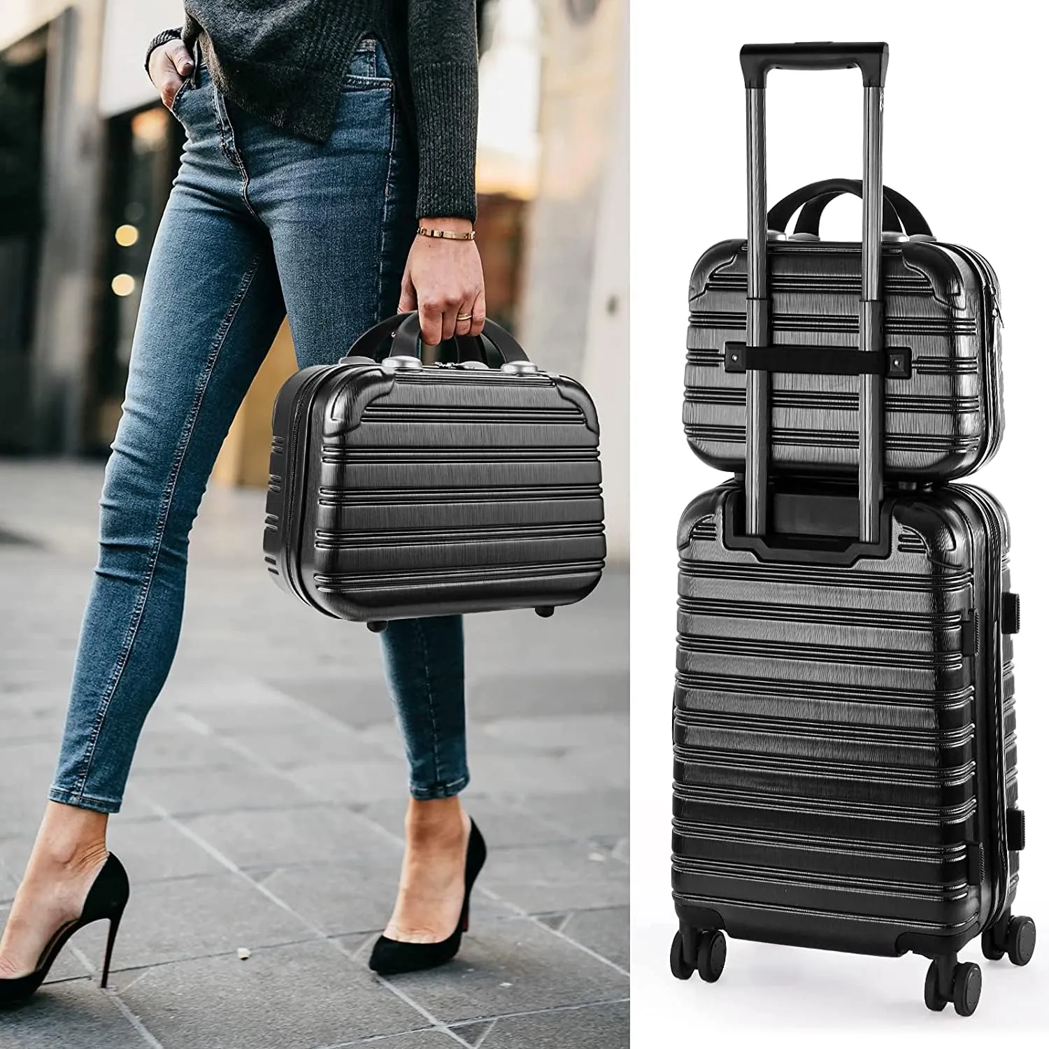 Hard Case Luggage 2 Piece Sets Carry On Luggage Lightweight With Spinner Wheels Rolling Suitcase 22x14x9 Airline Approved PC ABS TSA Lock Hardshell Travel Carry On Hardside 14/20 Inch 2PCS,Black