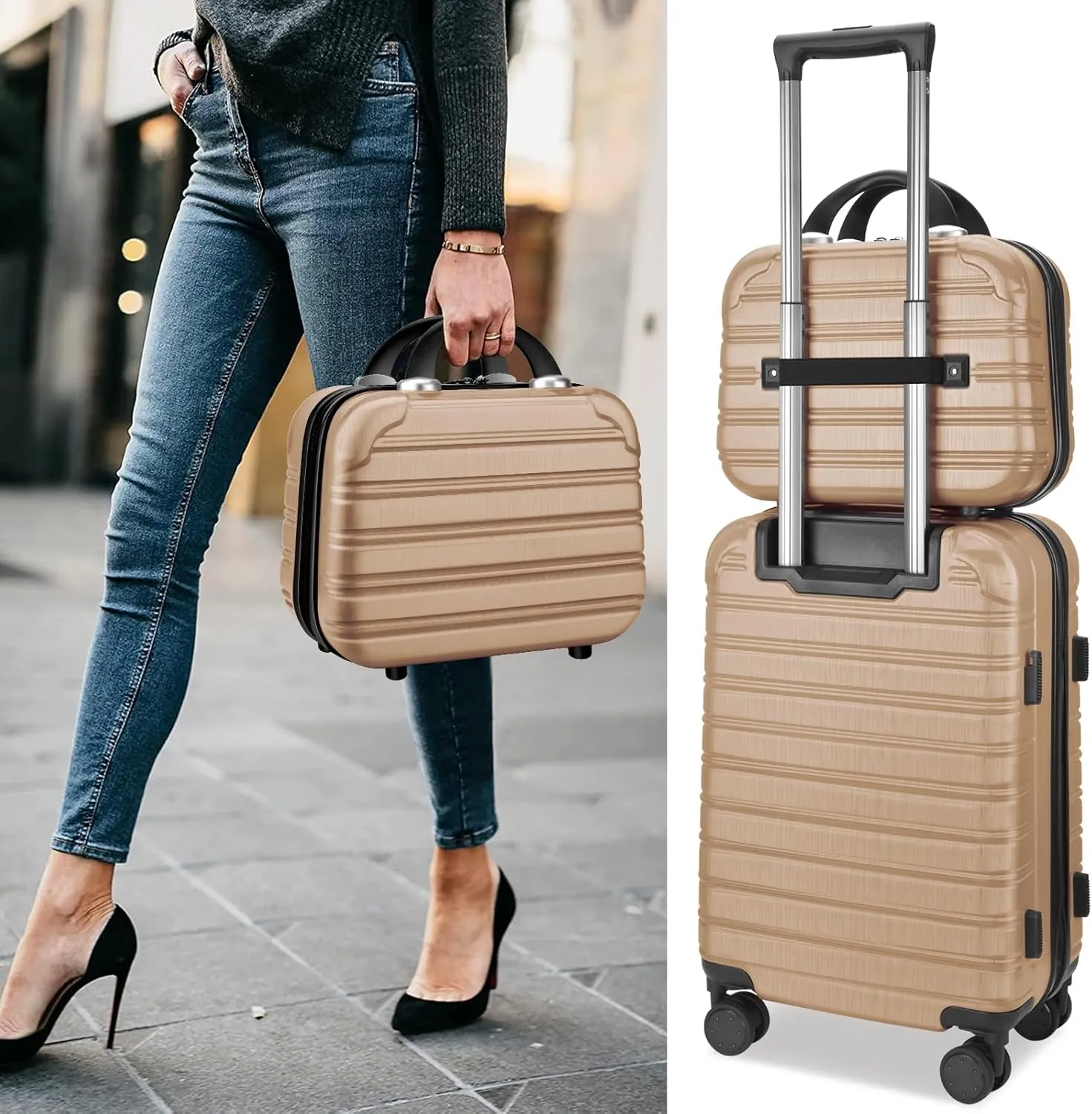 Hard Case Luggage 2 Piece Sets Carry On Luggage Lightweight With Spinner Wheels Rolling Suitcase 22x14x9 Airline Approved PC ABS TSA Lock Hardshell Travel Carry On Hardside 14/20 Inch 2PCS,Champagne