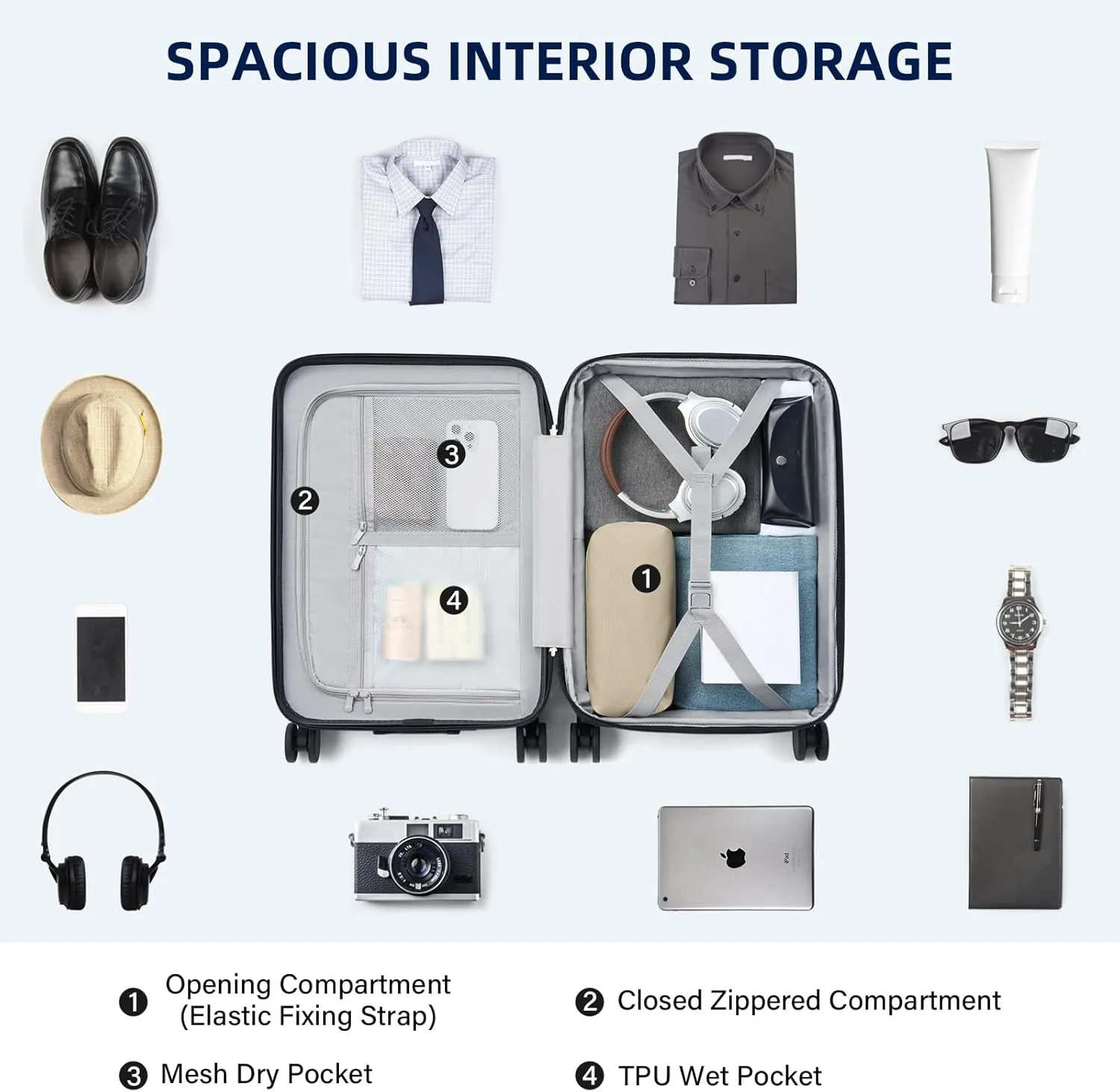 Hard Shell Suitcases Airline Approved 20 Inch Carry on Luggage, Expandable Travel Luggage Carry on Luggage with Cup Holder Charger Built in, Lightweight Small Suitcases with Wheels, White