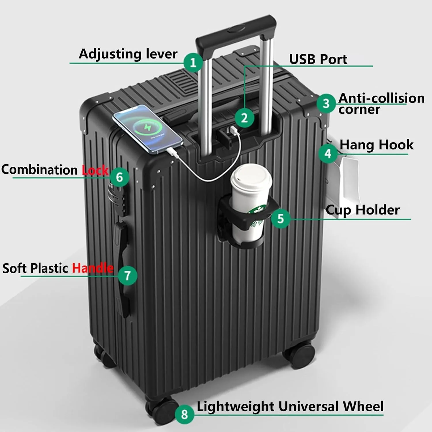 Hardside Expandable Rolling Luggage, With Silent Swivel Wheel, Combination Lock, Large Suitcase, Dustproof And Waterproof (Color : 22, Size : Black)