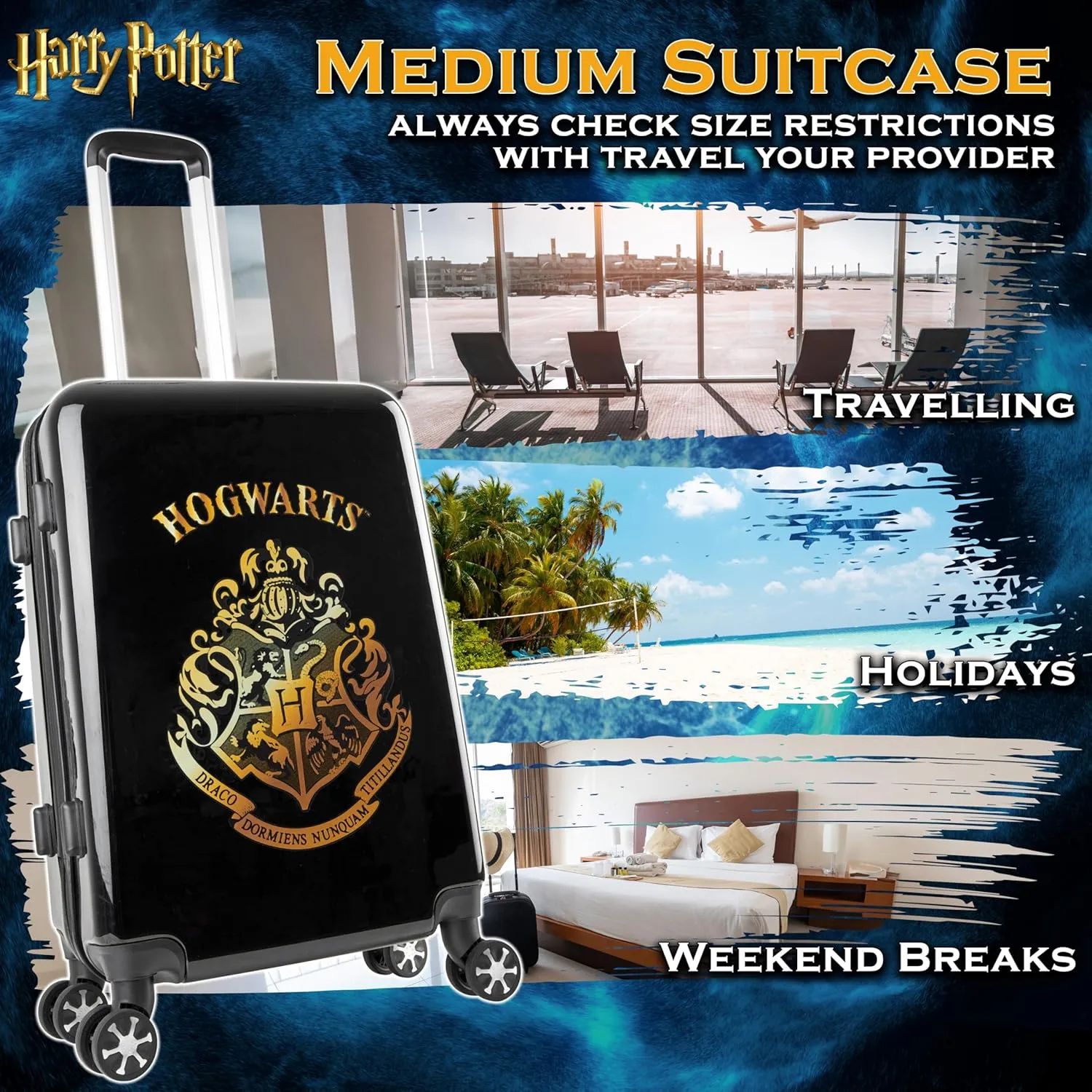 Harry Potter Suitcase for Kids Teens Hogwarts Hard Shell Luggage Rolling Suitcase 4 Wheels & Extendable Handle Travel Essentials for Vacations Trips (M/26.37Inch - 60L, Black)