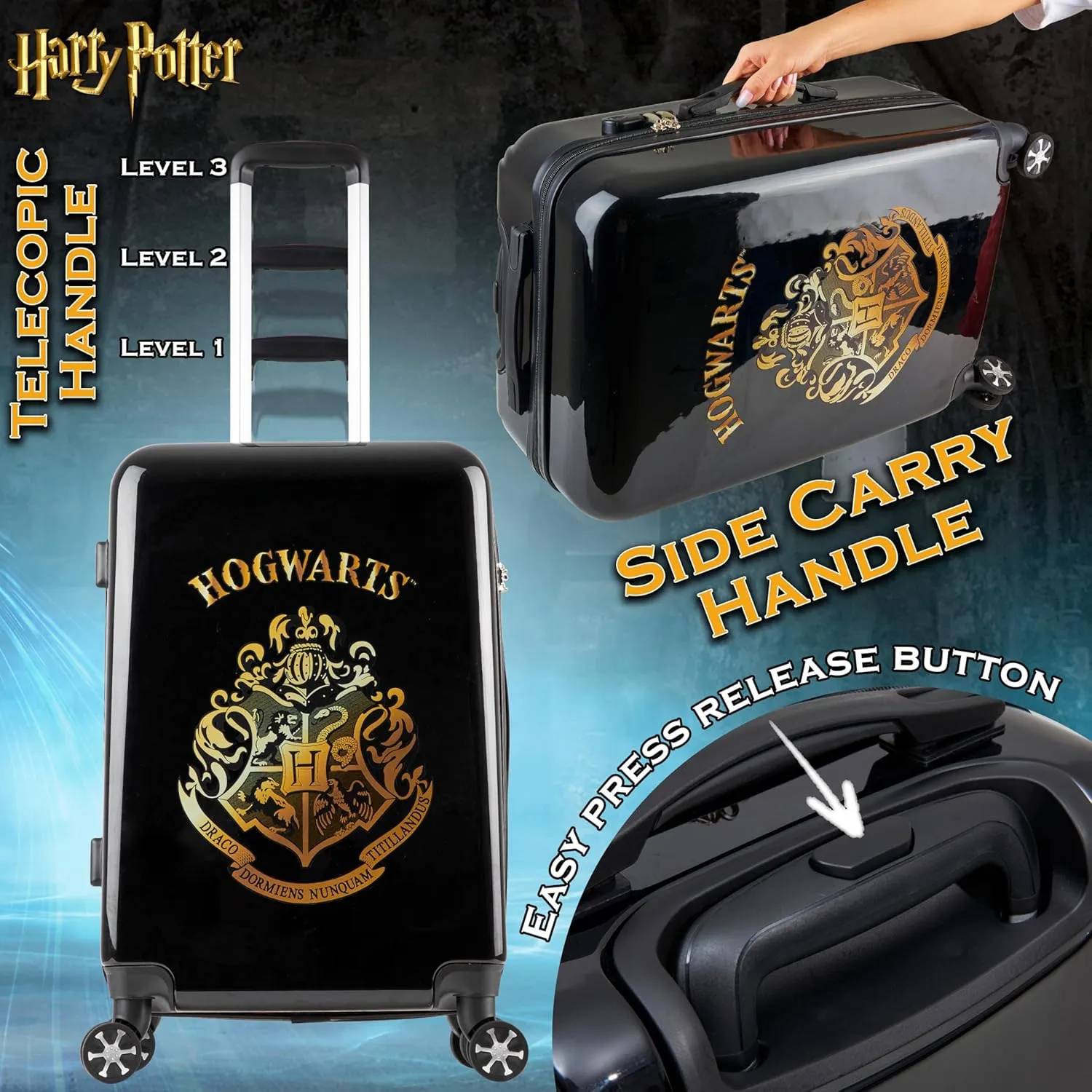 Harry Potter Suitcase for Kids Teens Hogwarts Hard Shell Luggage Rolling Suitcase 4 Wheels & Extendable Handle Travel Essentials for Vacations Trips (M/26.37Inch - 60L, Black)