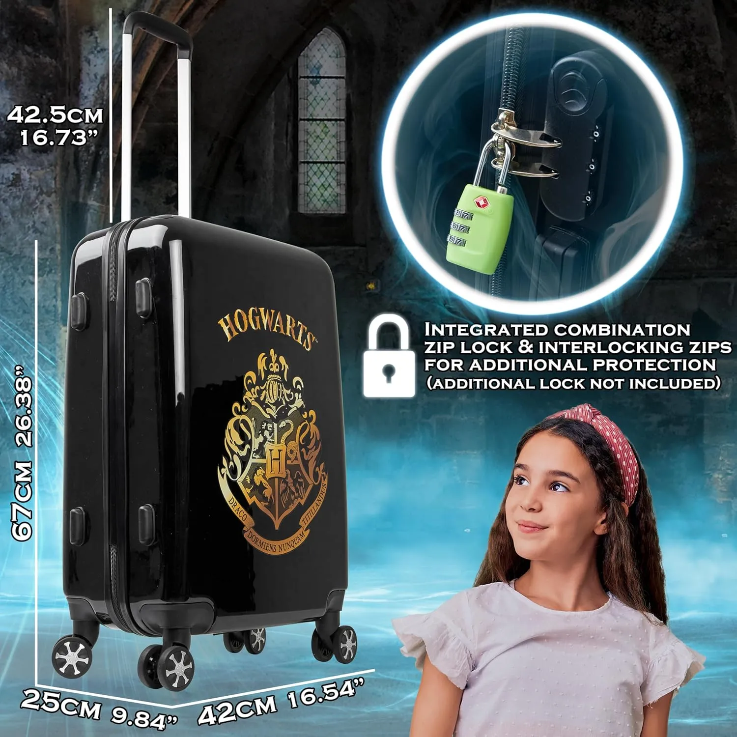 Harry Potter Suitcase for Kids Teens Hogwarts Hard Shell Luggage Rolling Suitcase 4 Wheels & Extendable Handle Travel Essentials for Vacations Trips (M/26.37Inch - 60L, Black)
