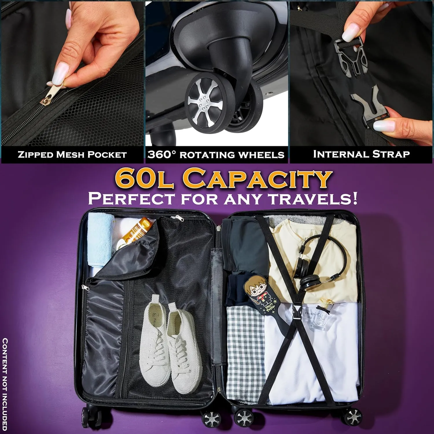Harry Potter Suitcase for Kids Teens Hogwarts Hard Shell Luggage Rolling Suitcase 4 Wheels & Extendable Handle Travel Essentials for Vacations Trips (M/26.37Inch - 60L, Black)