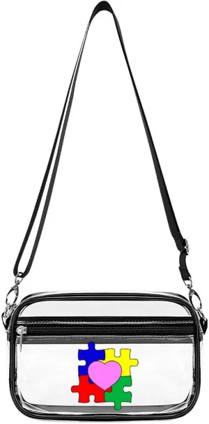 Heart Puzzle Autism Awareness Clear Purse Messenger Bag Crossbody Bags with Adjustable Shoulder Strap Front Pocket