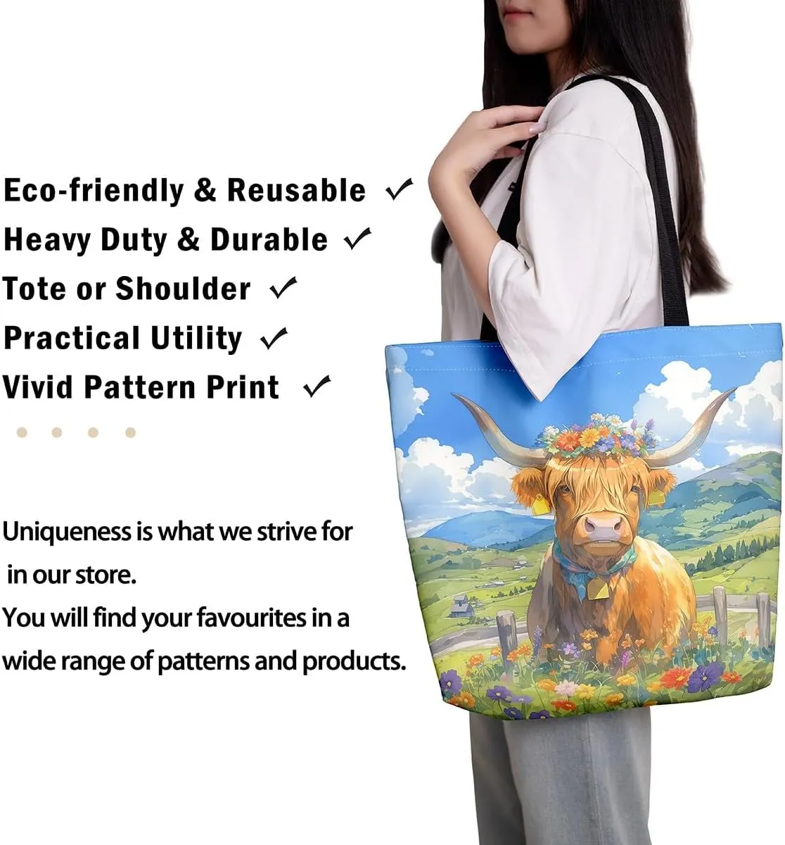 Highland Cattle Canvas Tote Bag,Western Farmhouse Travel Beach Bag,Large Capacity Grocery Bag for Shopping
